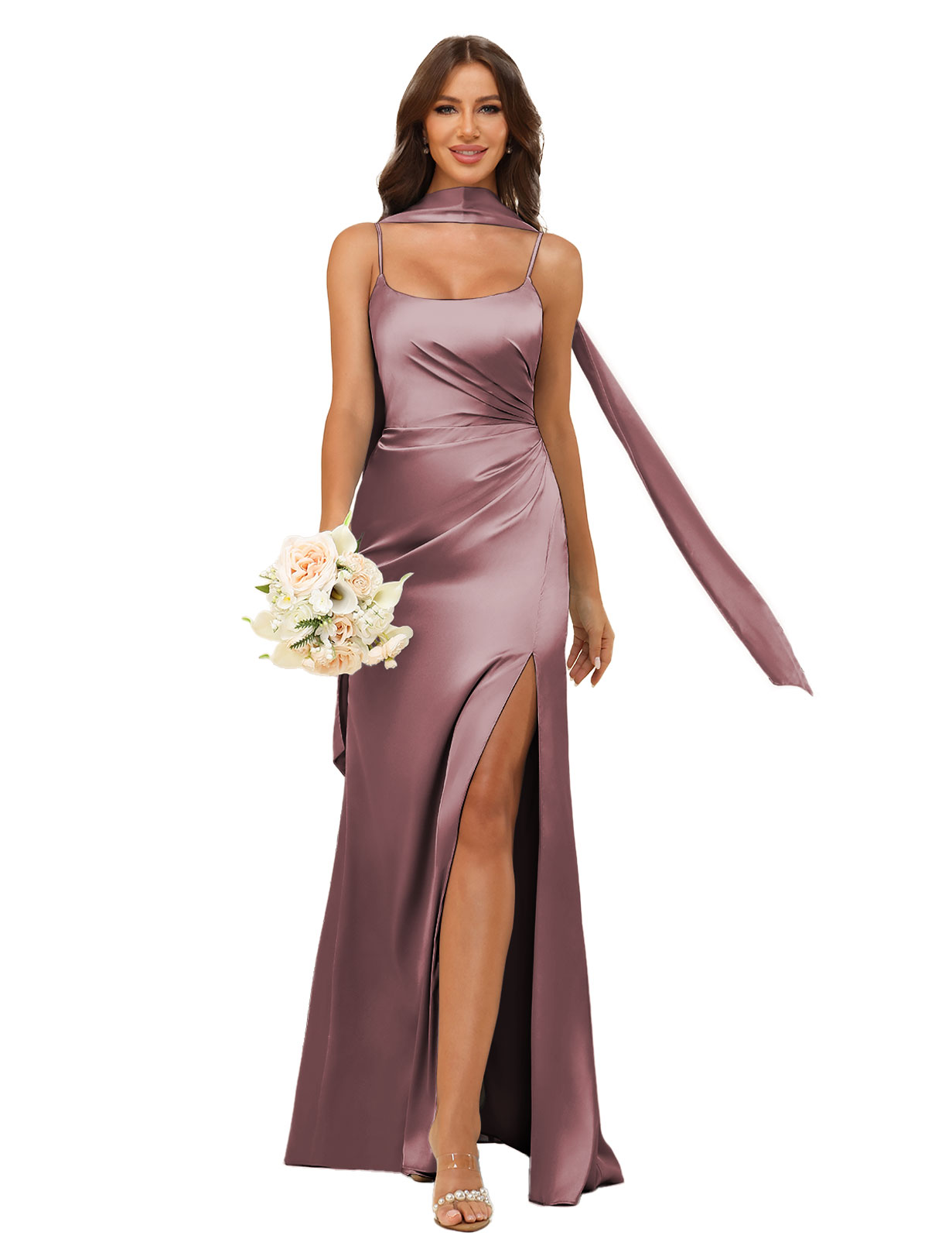 Mermaid U-neck Spaghetti Straps Satin Silt Bridesmaid Dress #BM2507145