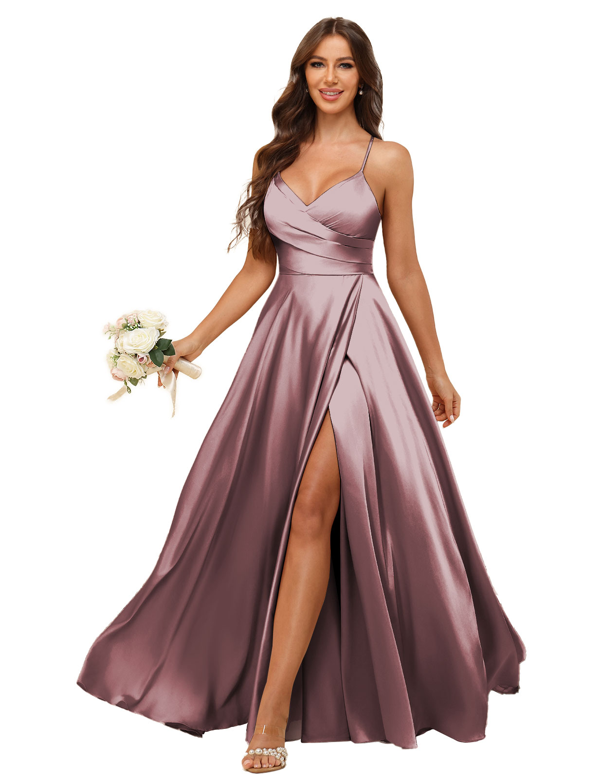 A-line V-neck Spaghetti Straps Satin Silt Bridesmaid Dress #BM2507218