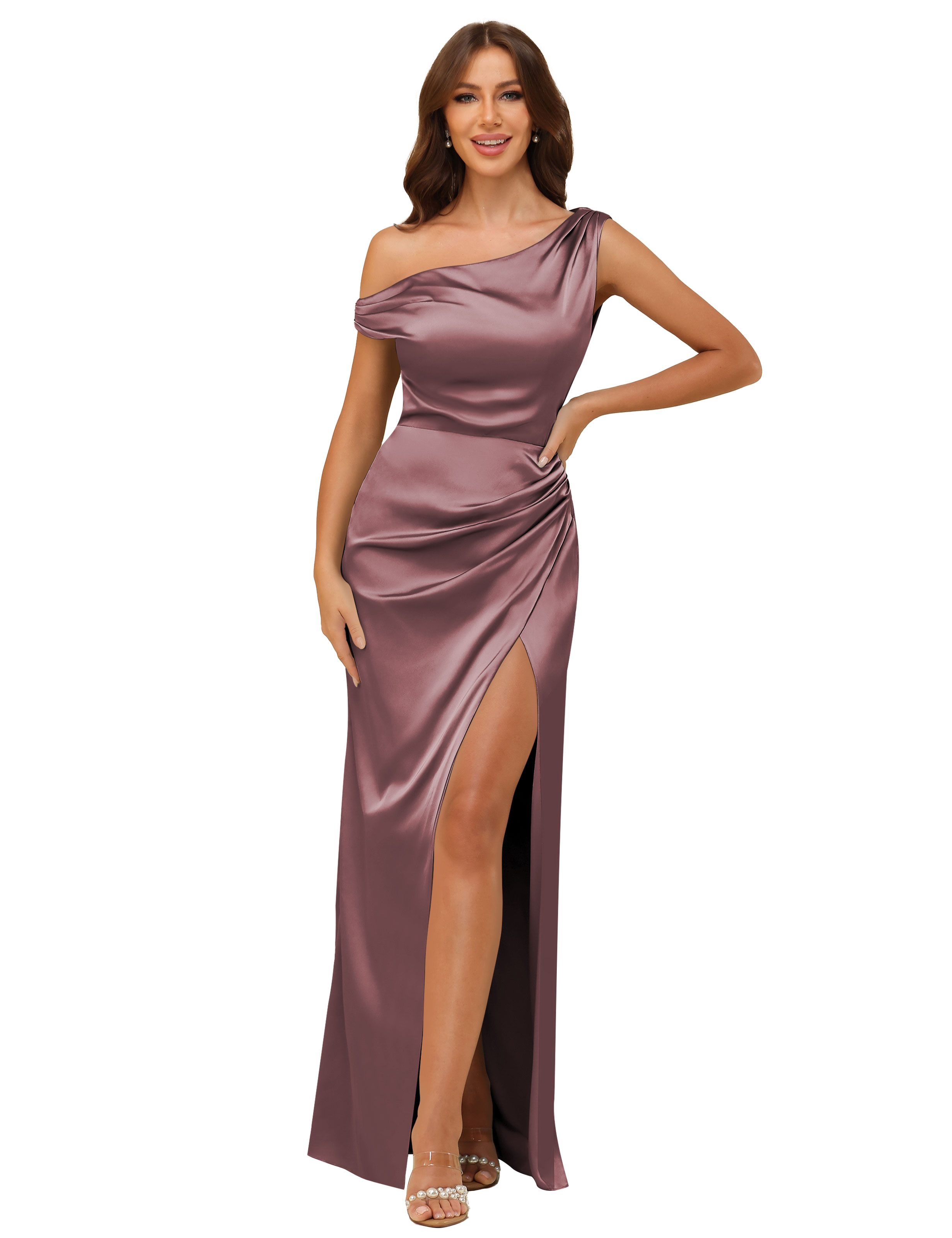 Sheath One Shoulder Satin Silt Side Zip Bridesmaid Dress #BM2507059