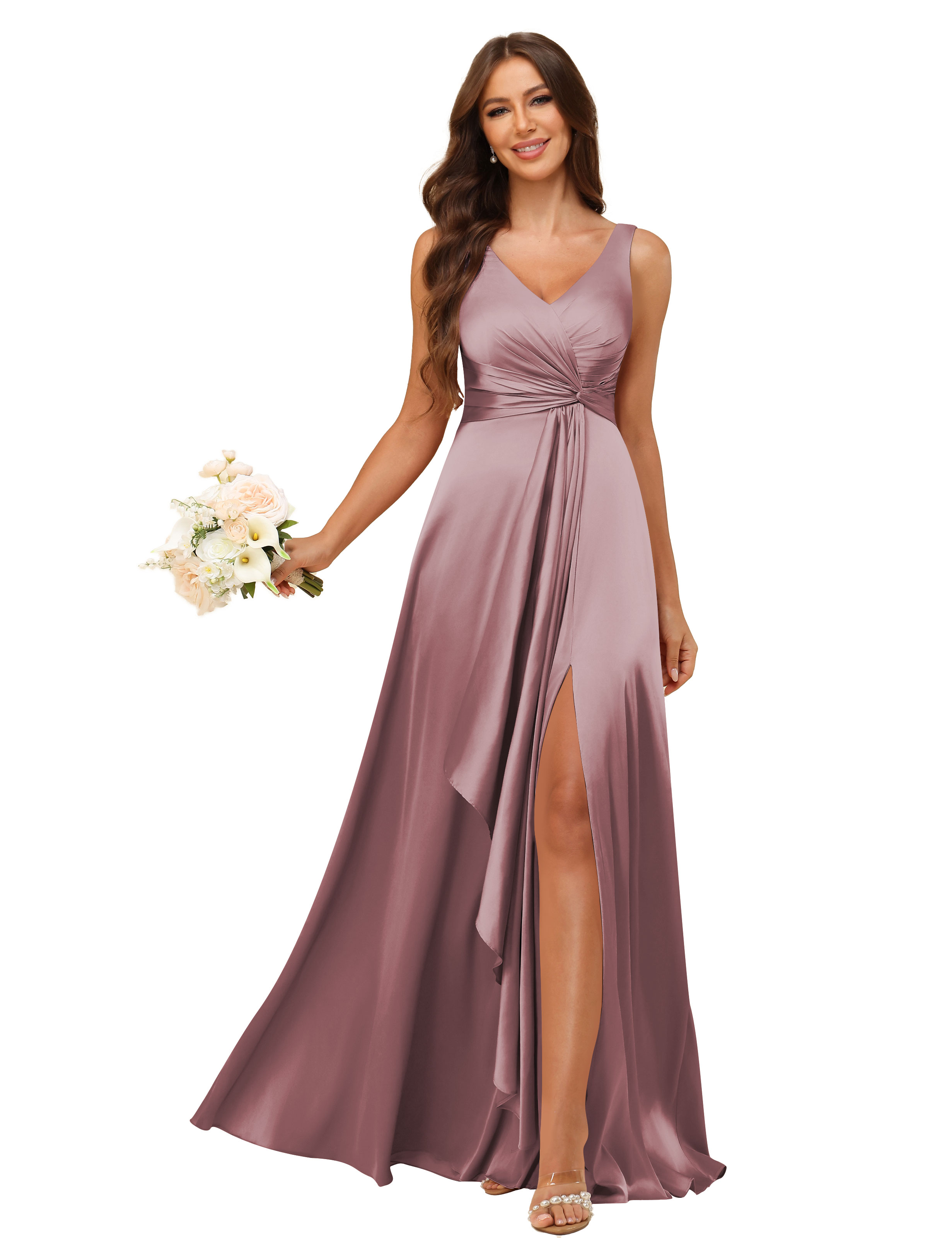 A-line V-neck Straps Satin Silt Lace Up Bridesmaid Dress #BM2507147