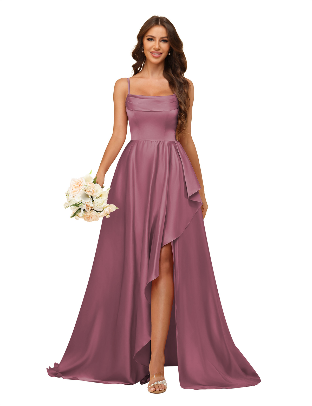 A-line U-neck Spaghetti Straps Satin Silt Bridesmaid Dress #BM2507213