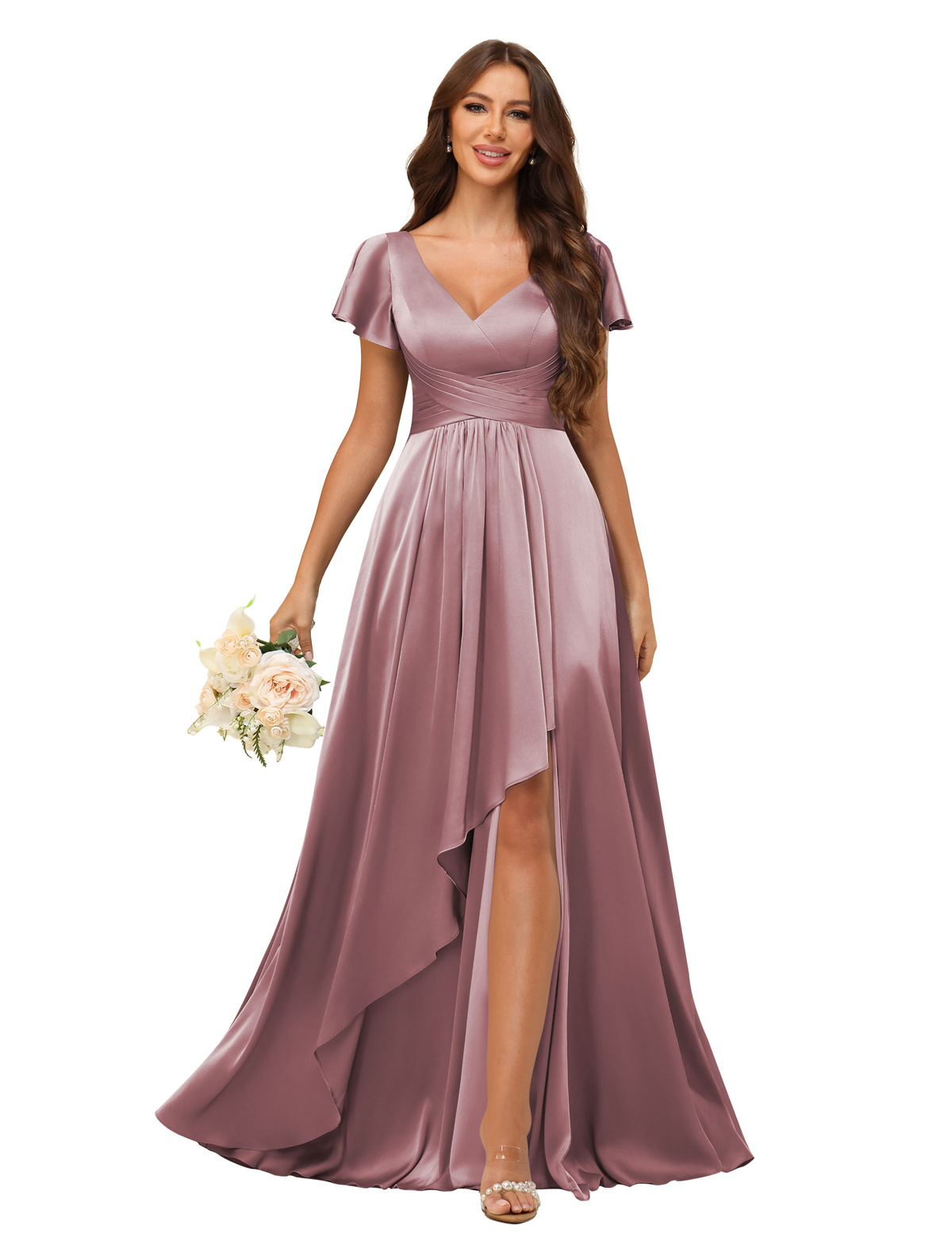 A-line V-neck Short Sleeves Satin Silt Bridesmaid Dress #BM2508022