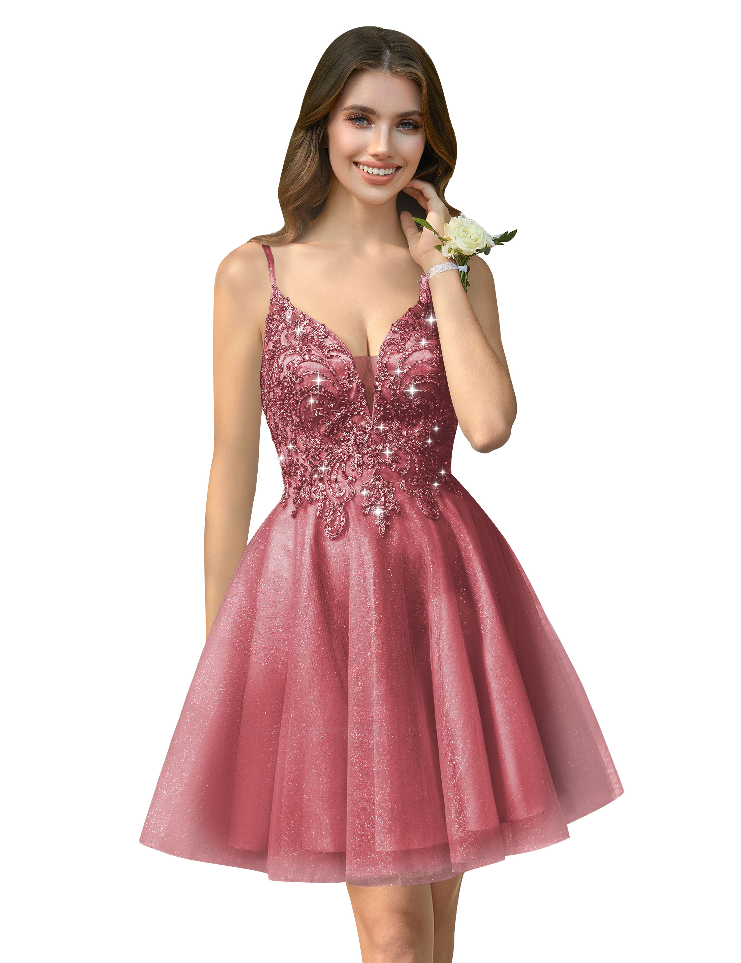 A-line V-neck Spaghetti Strap Sparkly Beaded Tulle Homecoming Dress #HC2401940