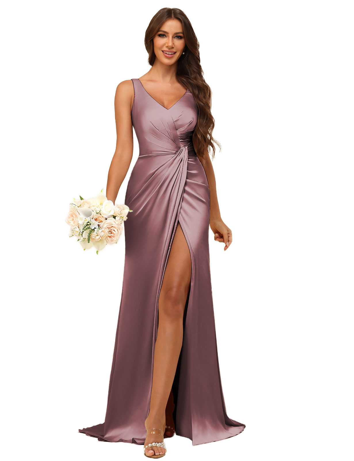 Mermaid V-neck Straps Satin Silt Bridesmaid Dress #BM2507144