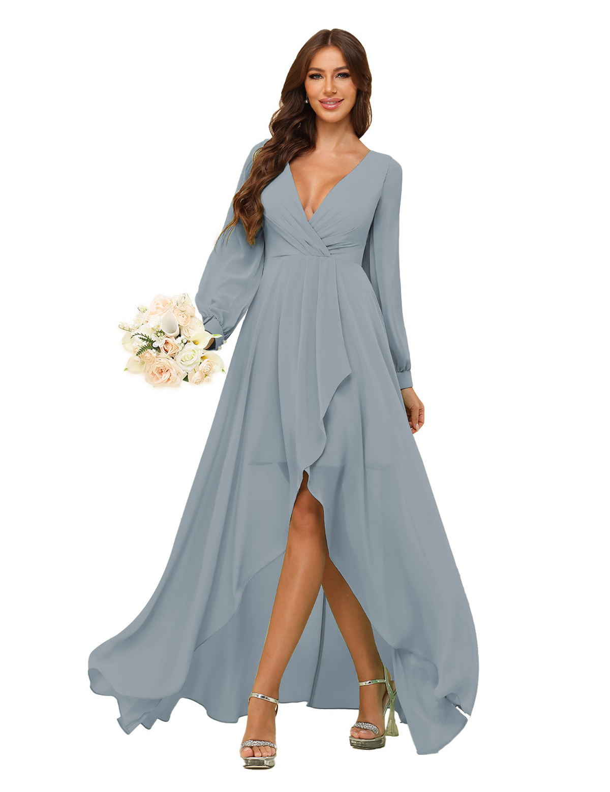 A-line Deep V-neck Chiffon Long Sleeves Bridesmaid Dress #BM2507136