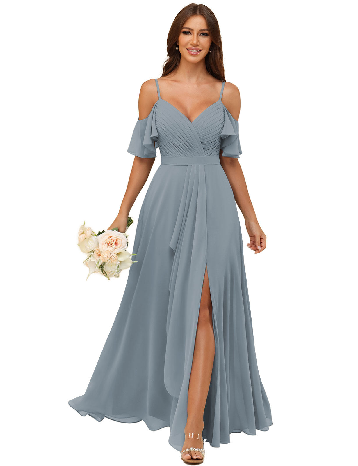 A-line V-neck Spaghetti Straps Chiffon Silt Bridesmaid Dress #BM2507214