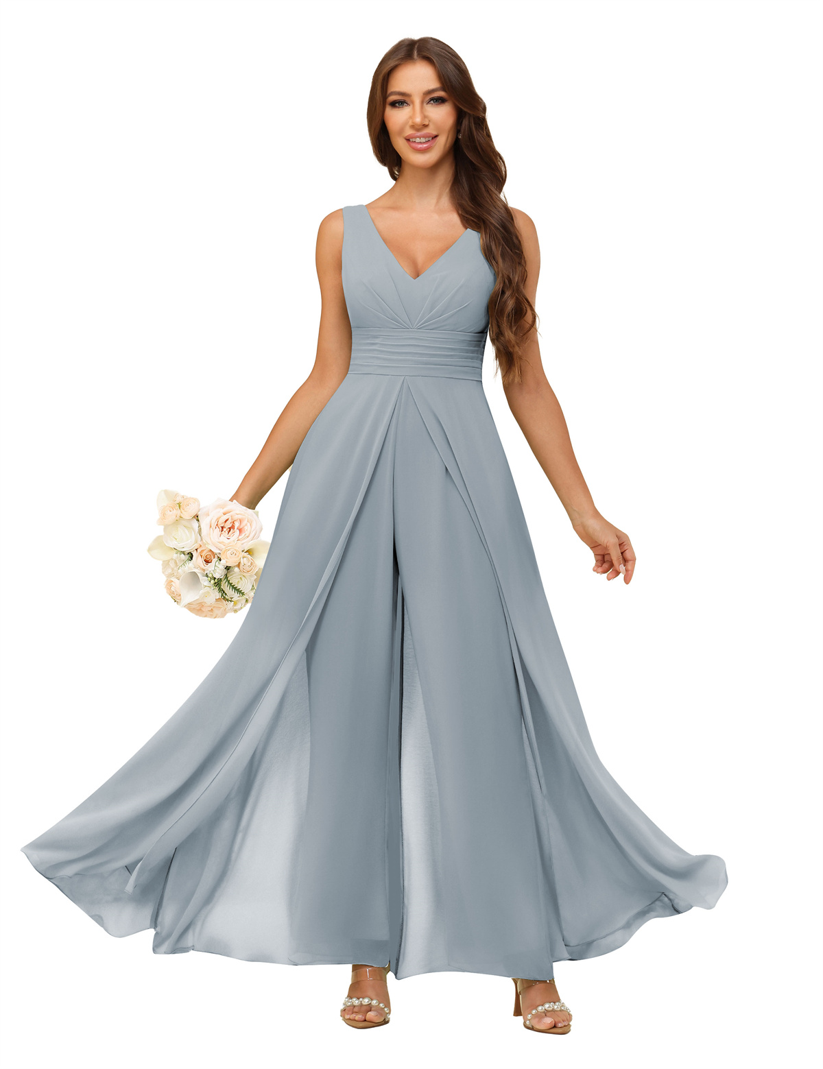 A-line V-neck Chiffon Straps V-back Bridesmaid Dress #PR2507216