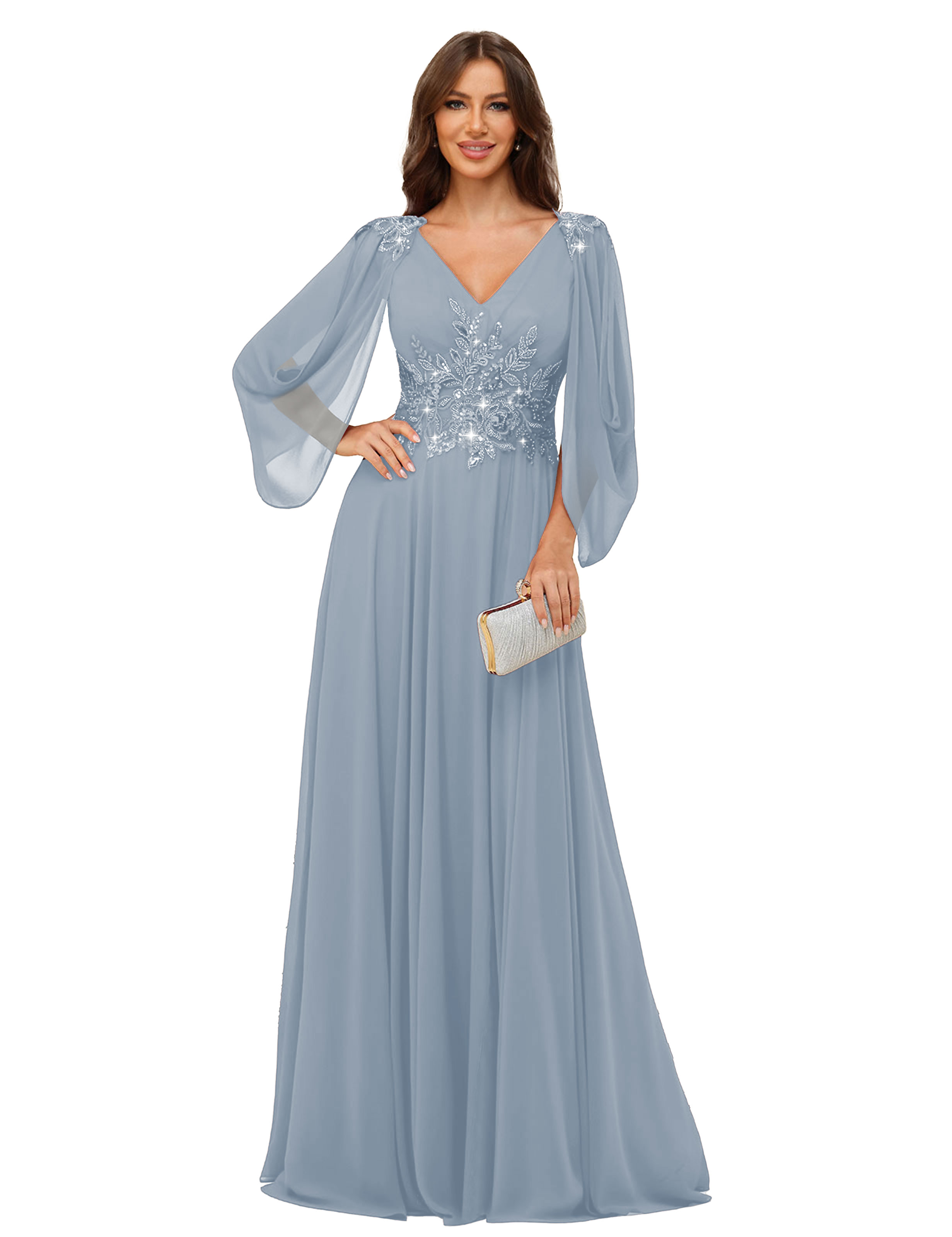 A-line V-neck Chiffon V-back Long Sleeves Mother of The Bride Dress #BM2501034