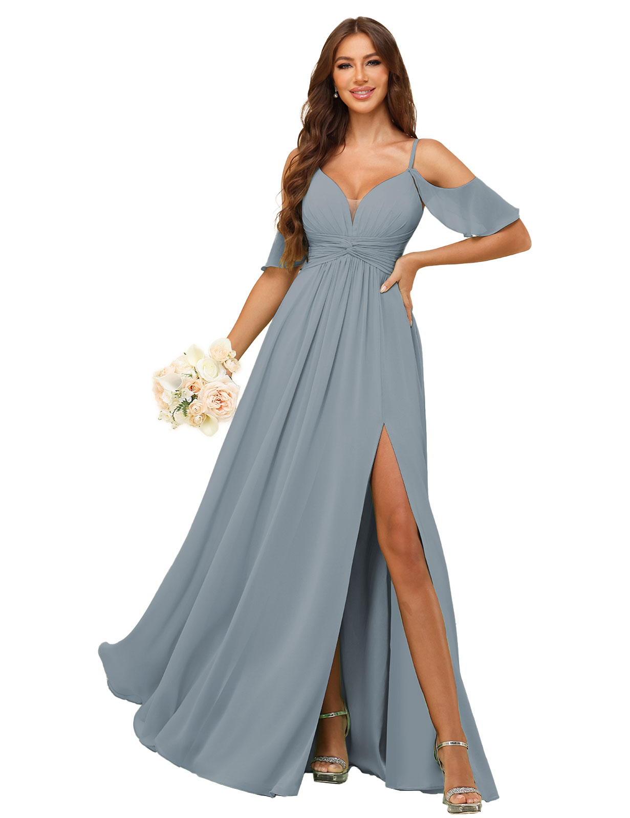 A-line Deep V-neck Spaghetti Straps Chiffon Silt Bridesmaid Dress #BM2507134