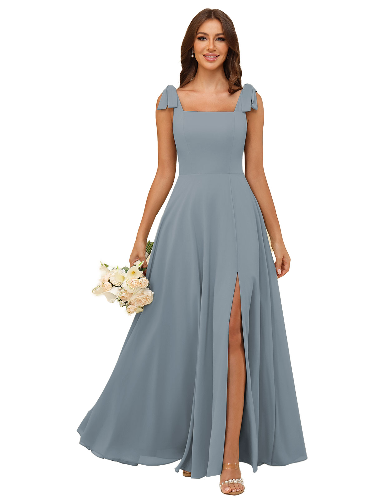A-line Square Straps Chiffon Silt Bridesmaid Dress #BM2507222