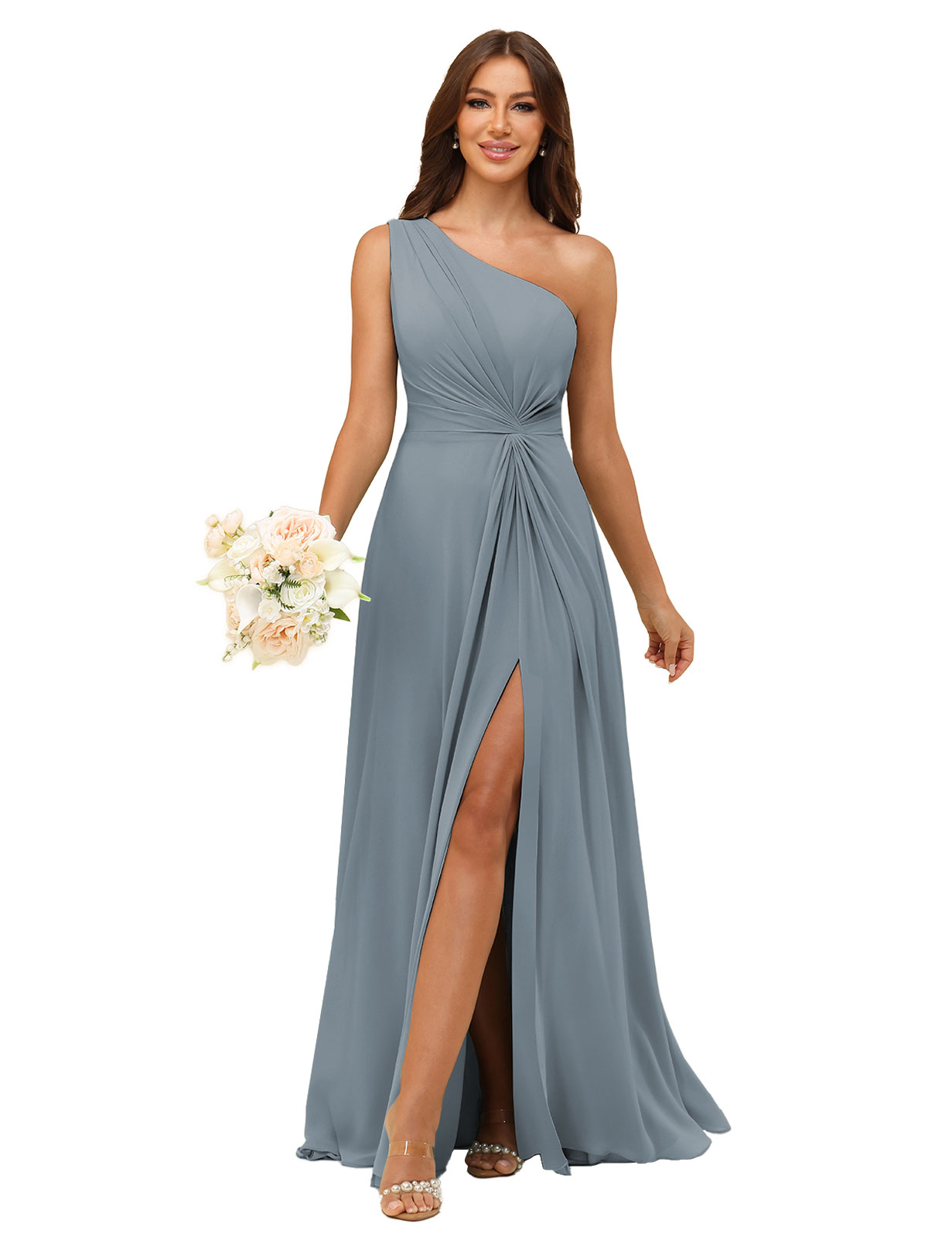 A-line One Shoulder Chiffon Silt Bridesmaid Dress #BM2508033