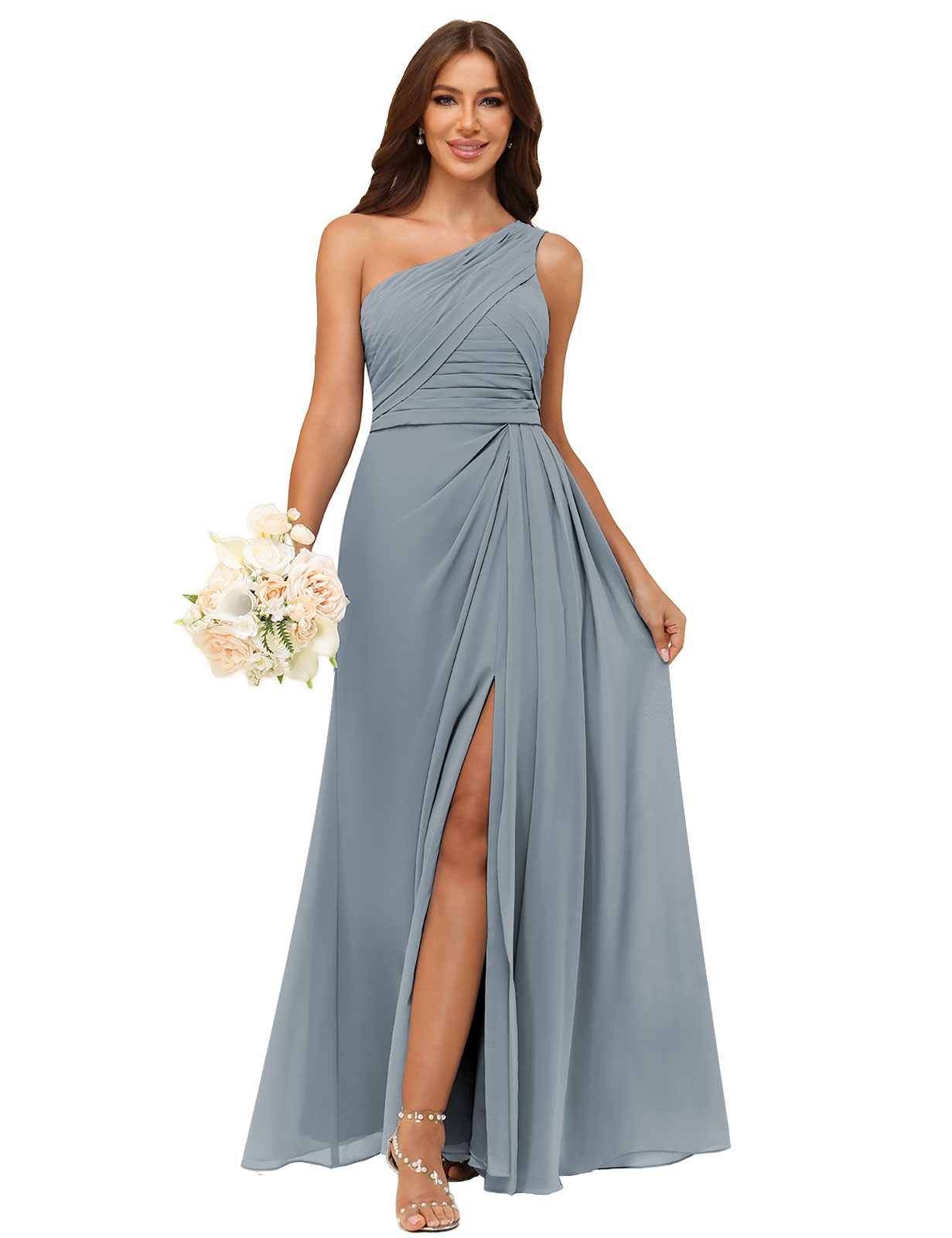 A-line One Shoulder Chiffon Silt Back Zip Bridesmaid Dress #BM2504122