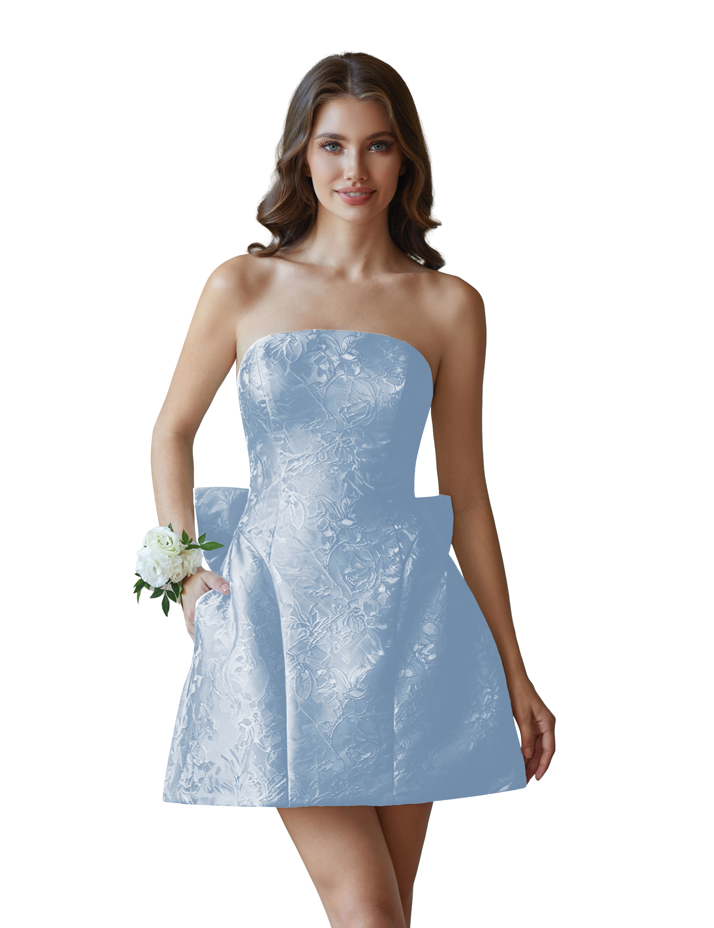 Jacquard Satin Mini Short Party Cocktail Prom Homecoming Dress with Bow Back #HC2401770
