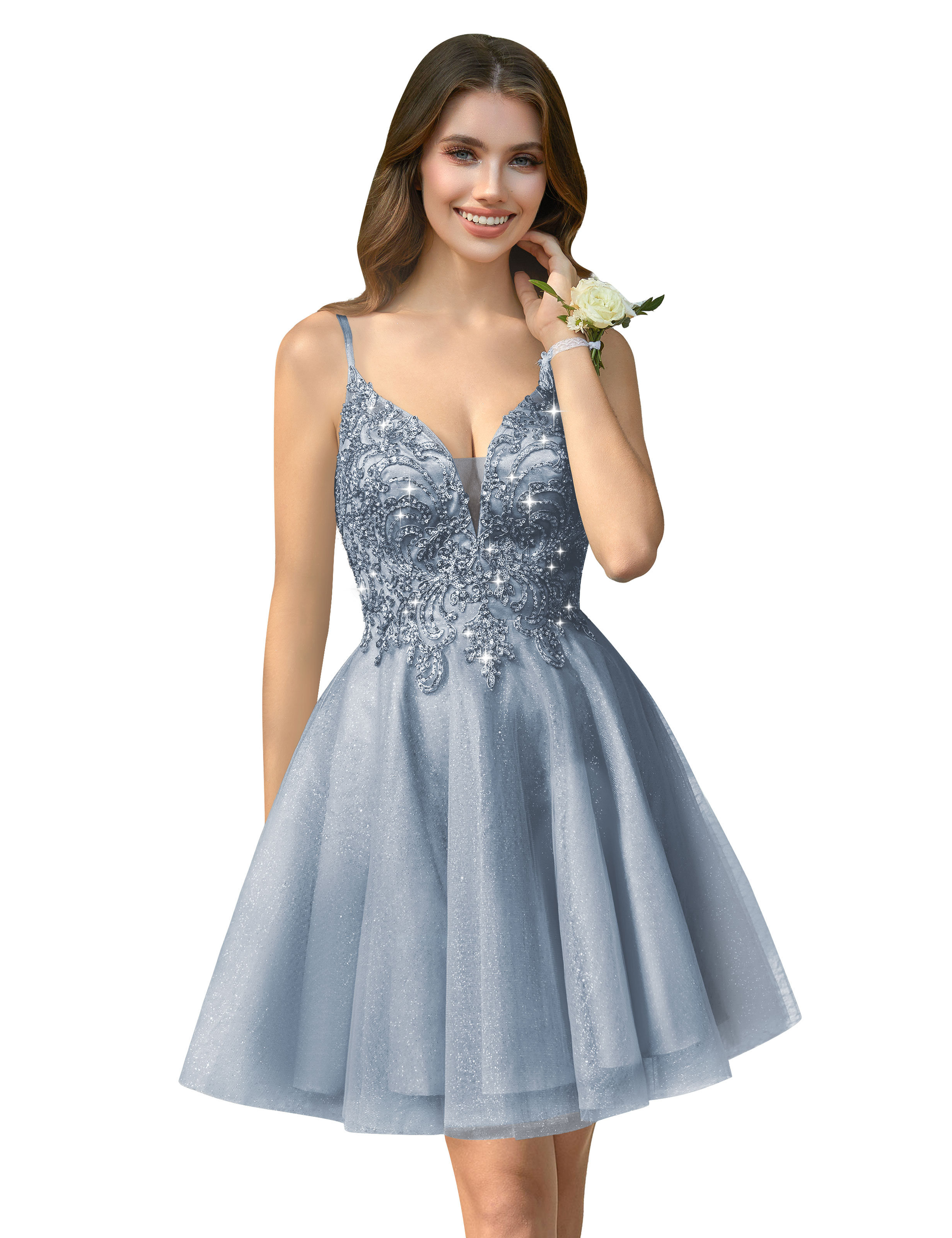 A-line V-neck Spaghetti Strap Sparkly Beaded Tulle Homecoming Dress #HC2401940