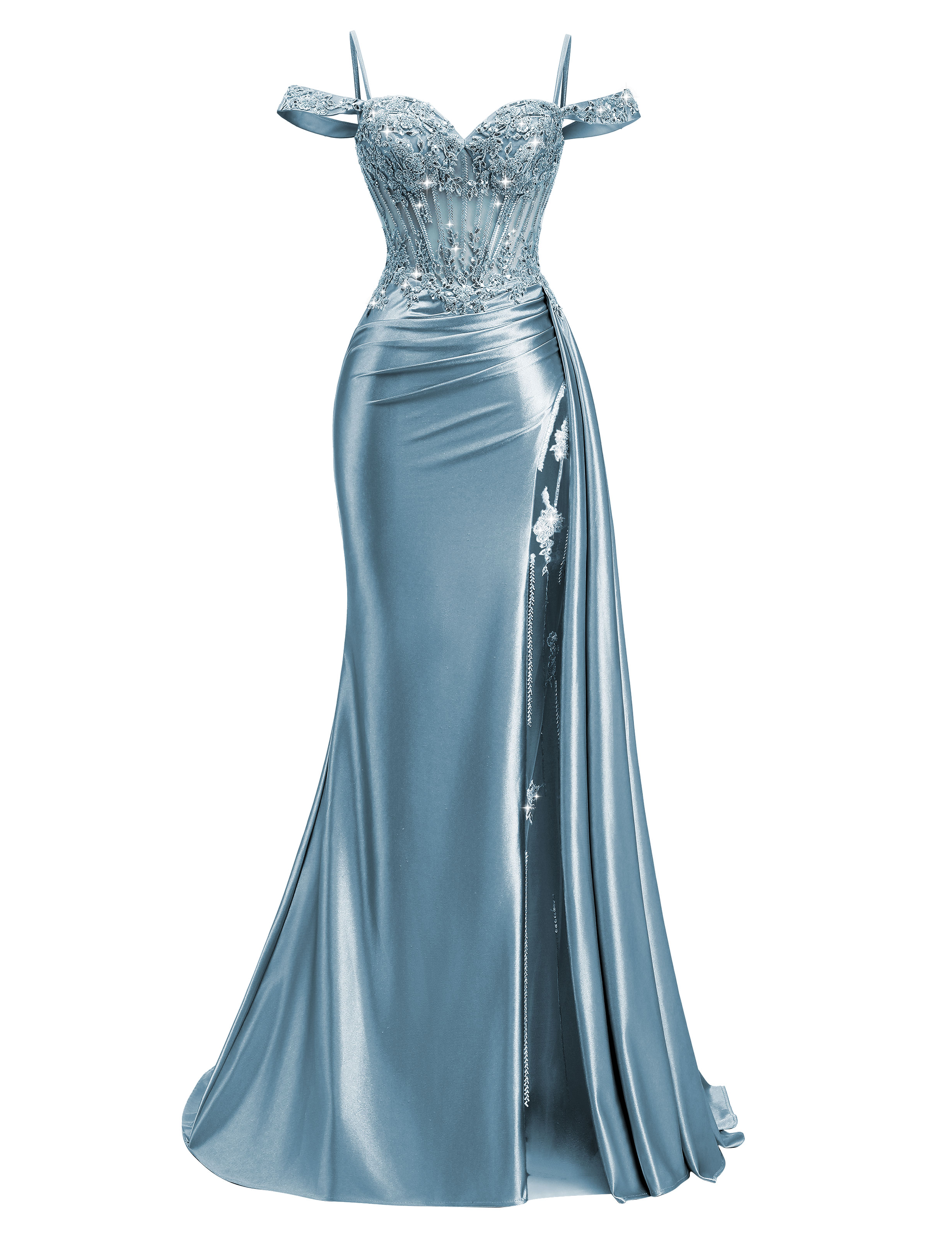 Mermaid Off Shoulder Beaded Sequin Appliques Satin Slit Prom Dress #PR2510009