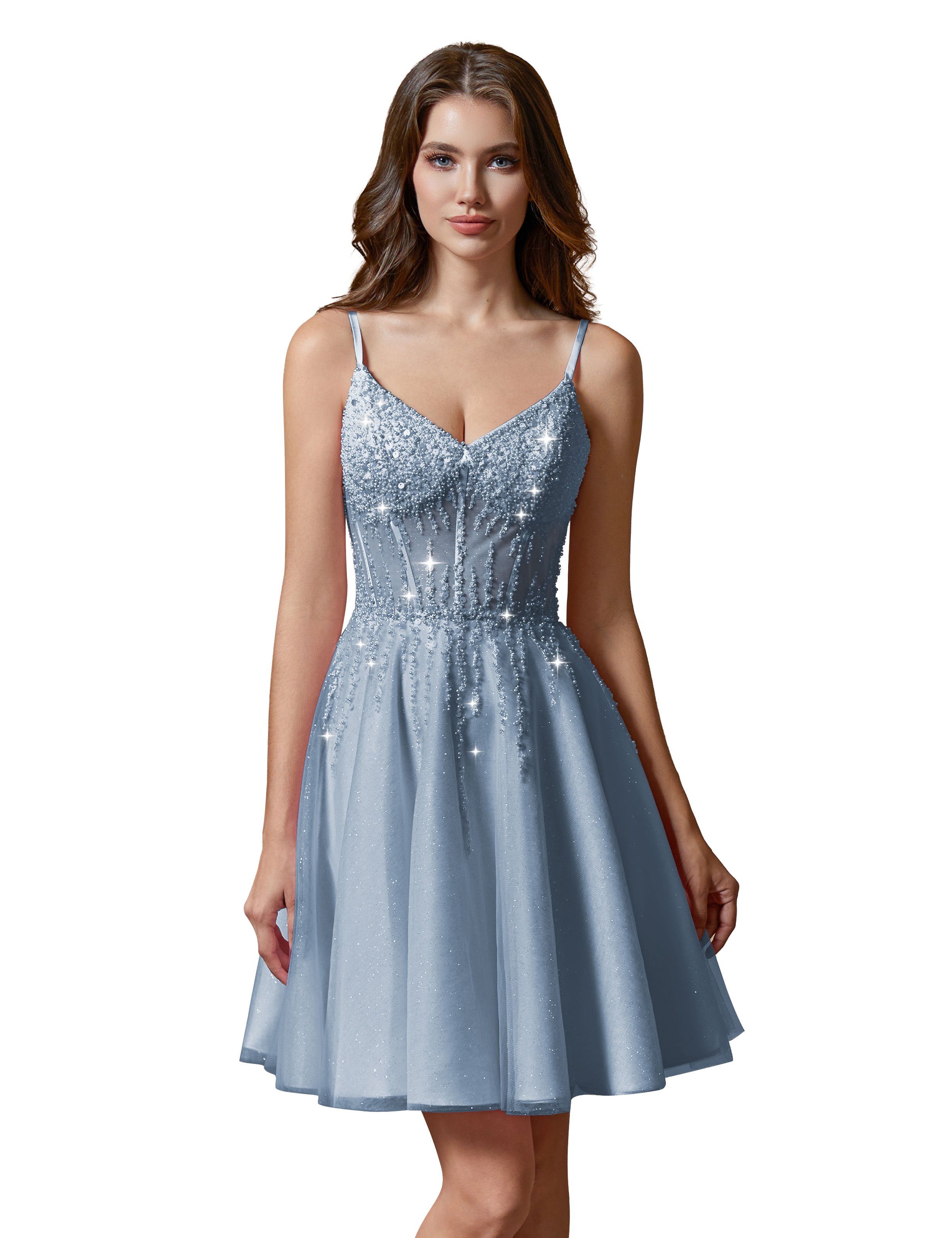 A-line V-Neck Sparkly Tulle Lace Appliques Homecoming Dress #HC2401738