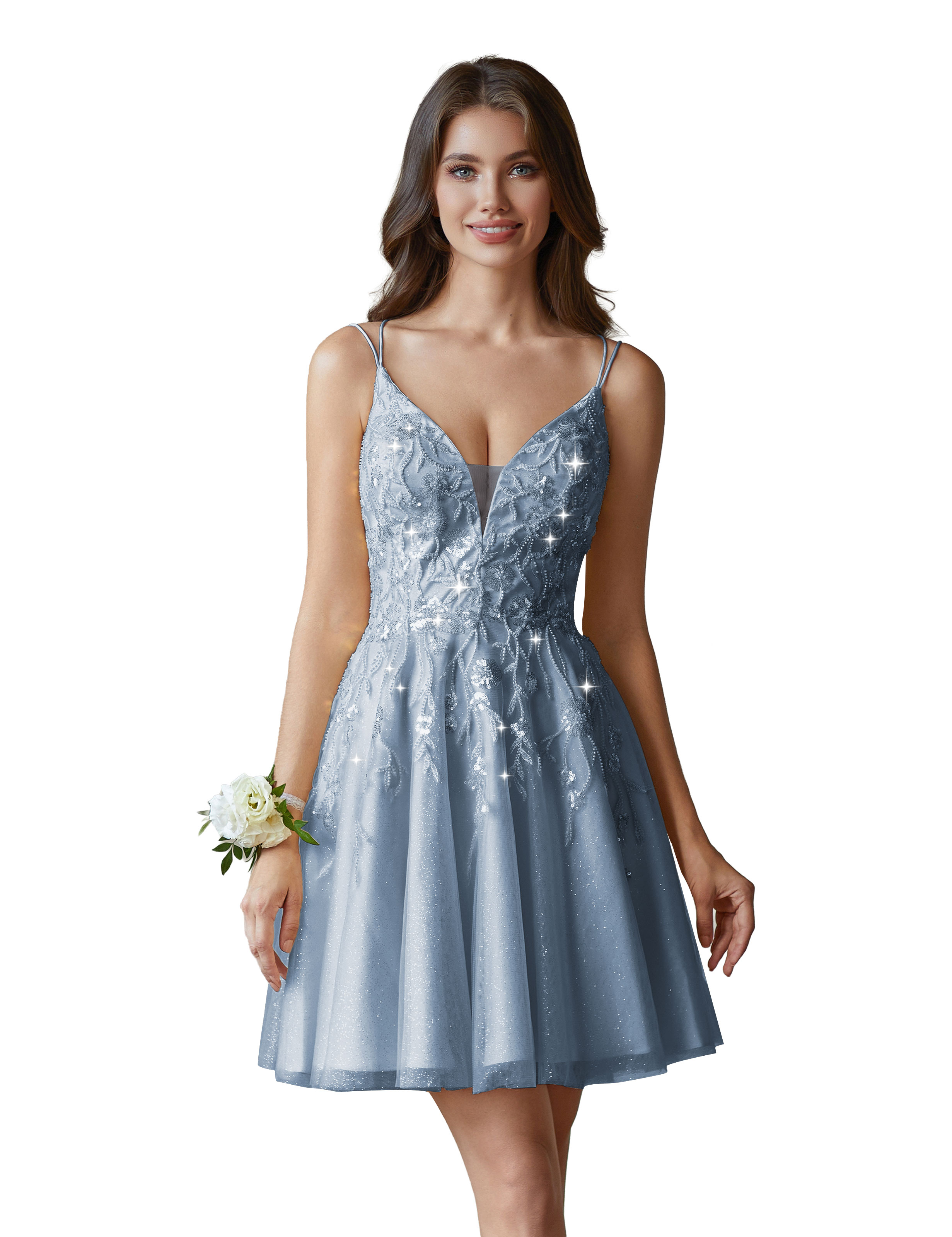 A-line V-Neck Tulle Beaded Lace Appliques Cocktail Homecoming Dress #HC2402602