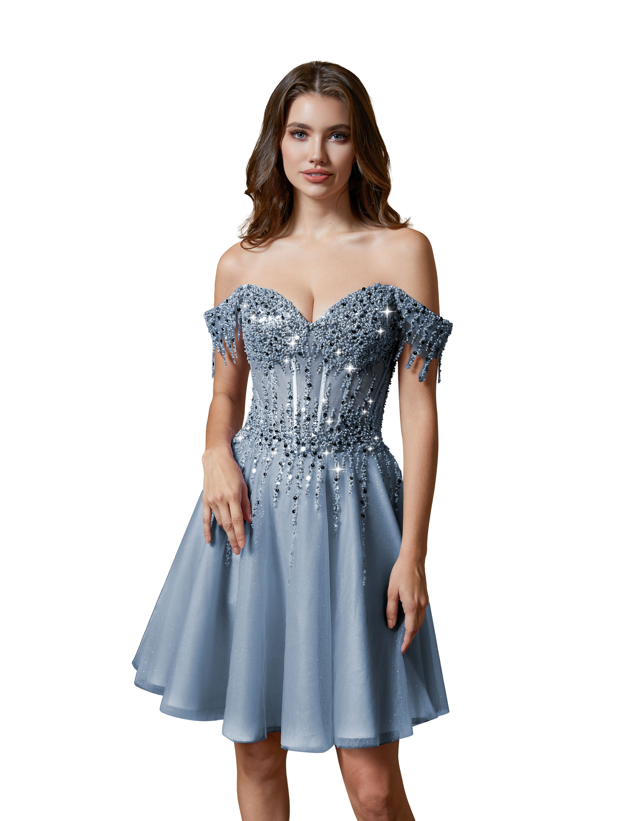 A-line Off Shoulder Lace Appliques Sparkly Sequin Tulle Homecoming Dress #HC2401169