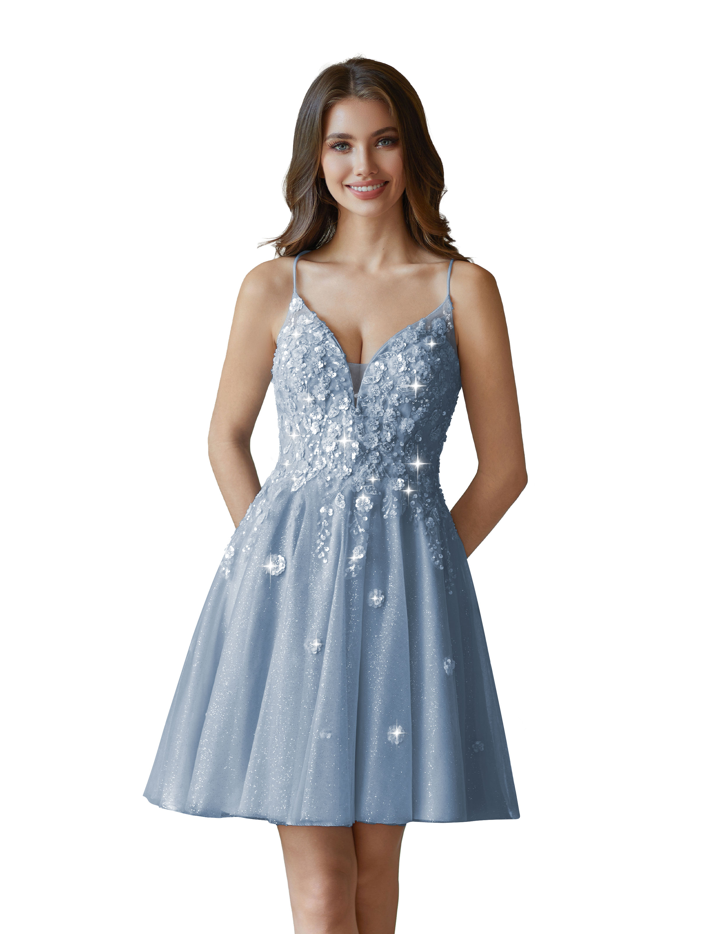 V-Neck Sspaghetti Strap Sparkly Lace Sequin Short Tulle Homecoming Dress #HC2604021