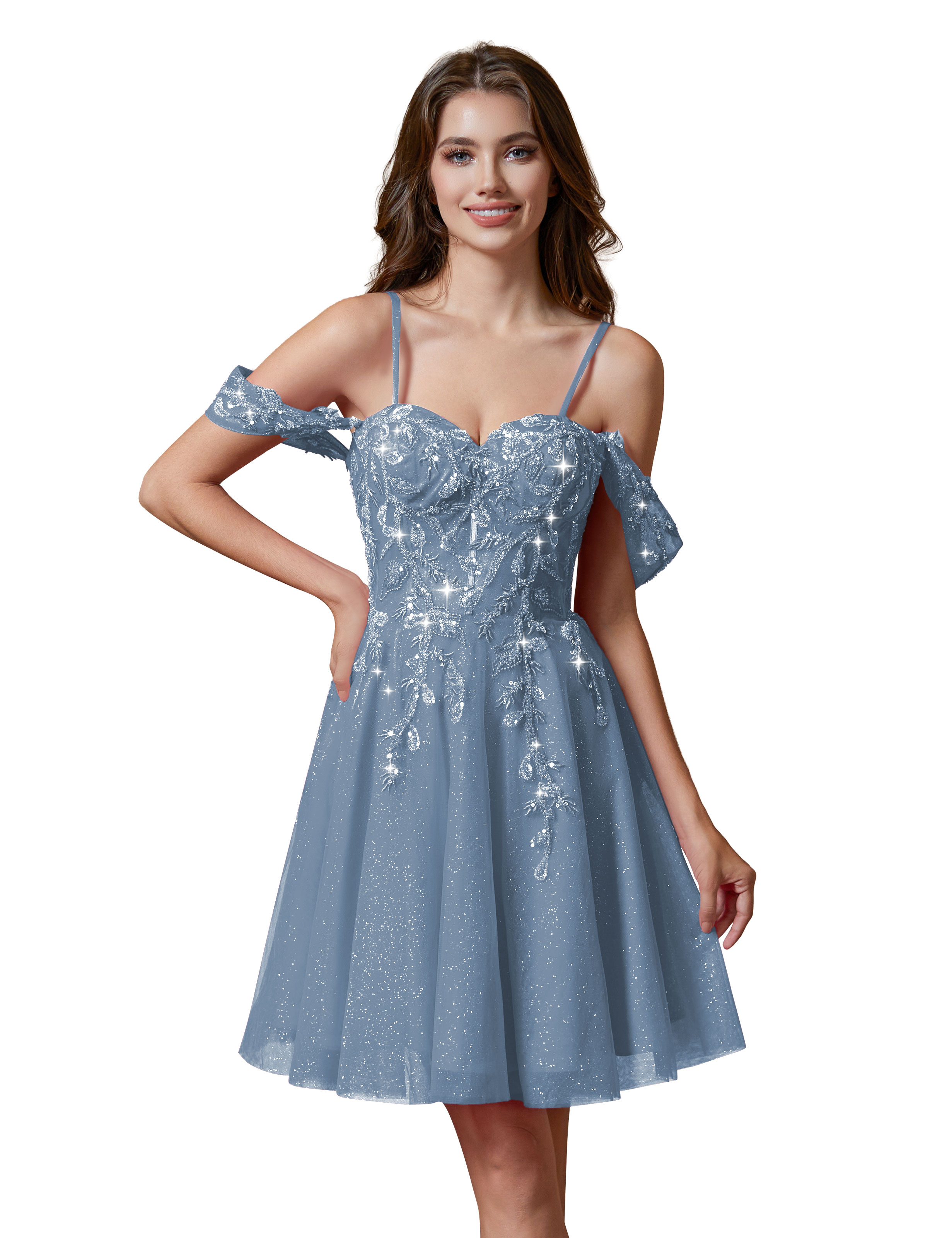 A-line Spaghetti Straps Lace Applique Cocktail Party Homecoming Dress #HC2401237