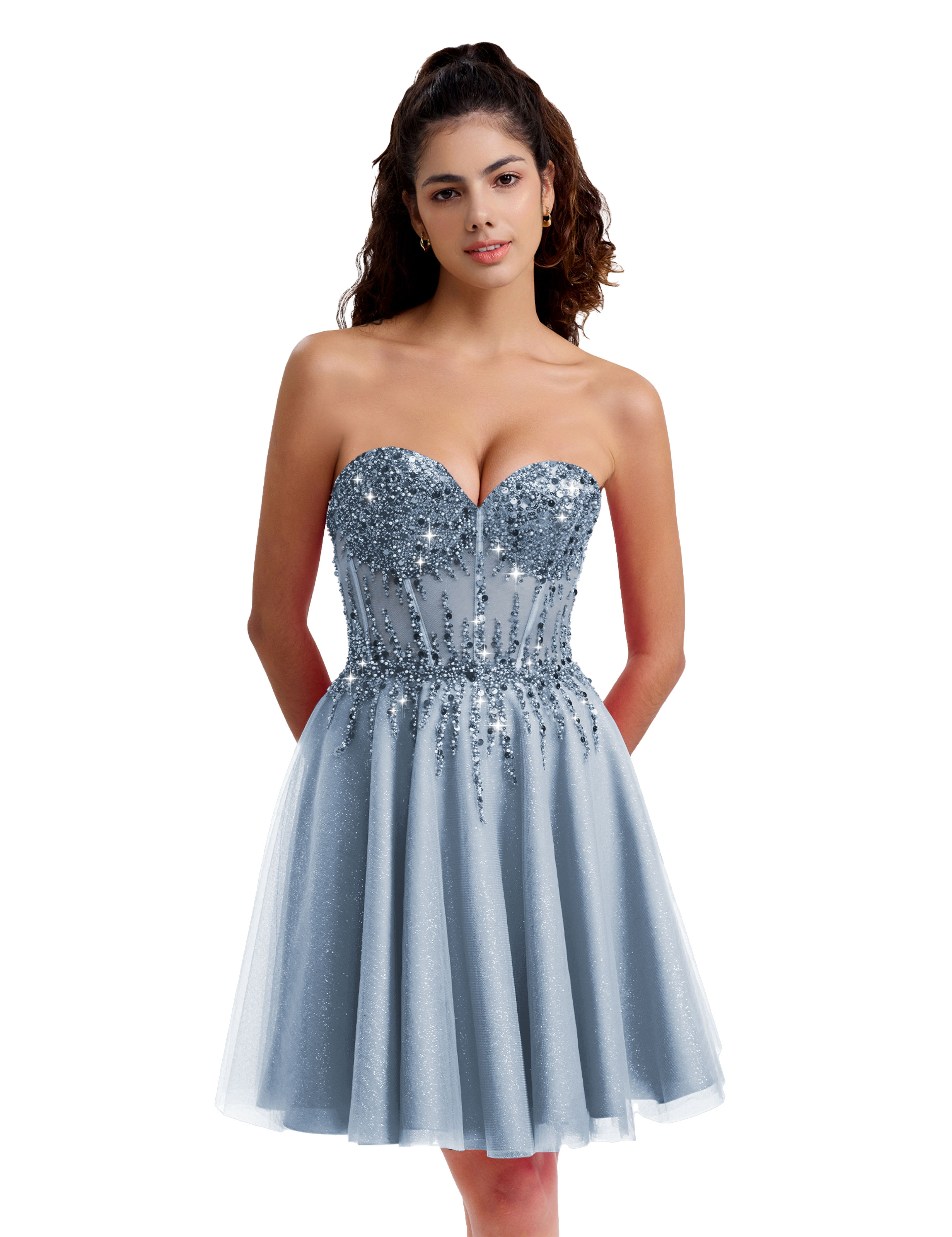 Sparkly A-line Sweetheart Tulle Beaded Party Homecoming Dress #HC2402135