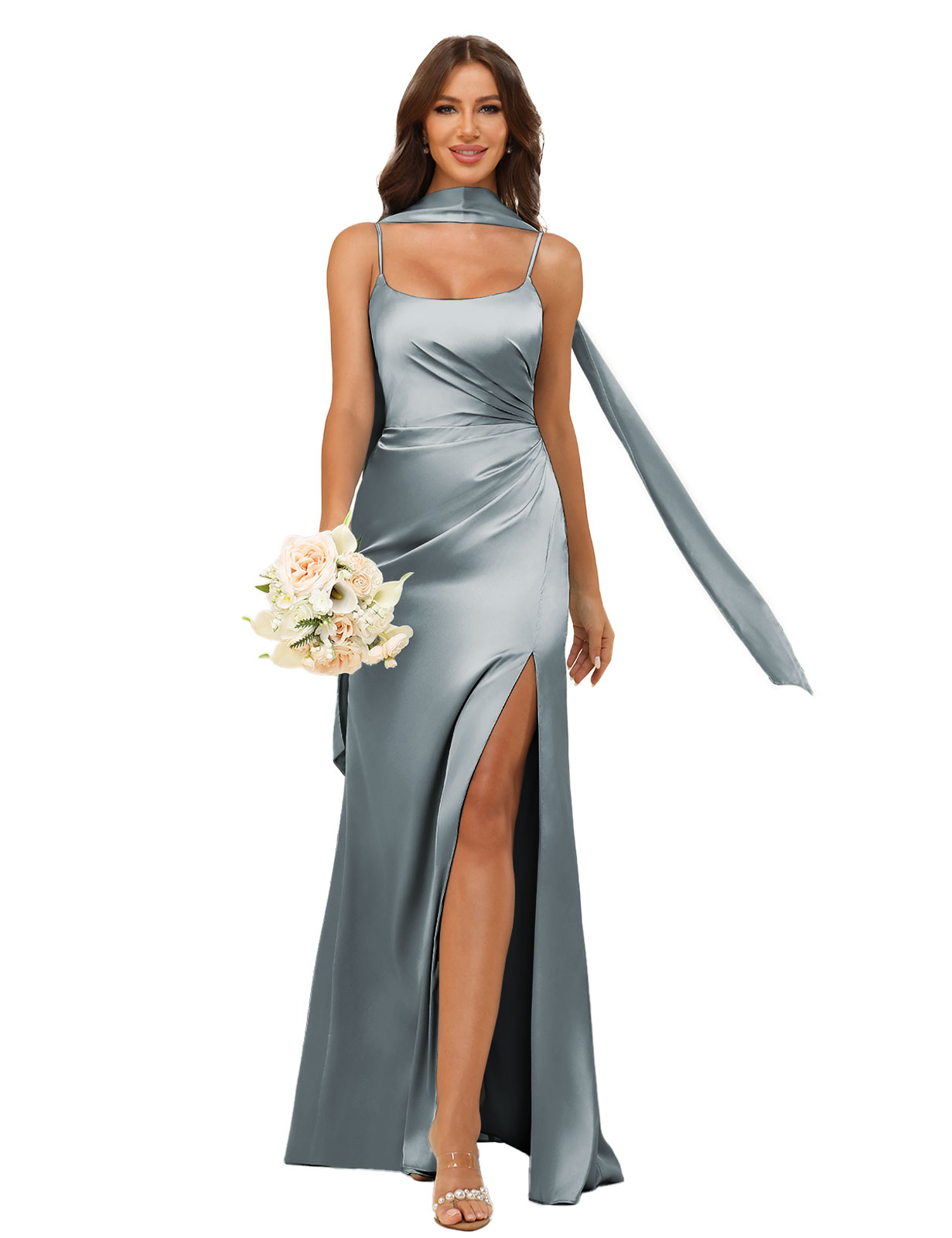 Mermaid U-neck Spaghetti Straps Satin Silt Bridesmaid Dress #BM2507145