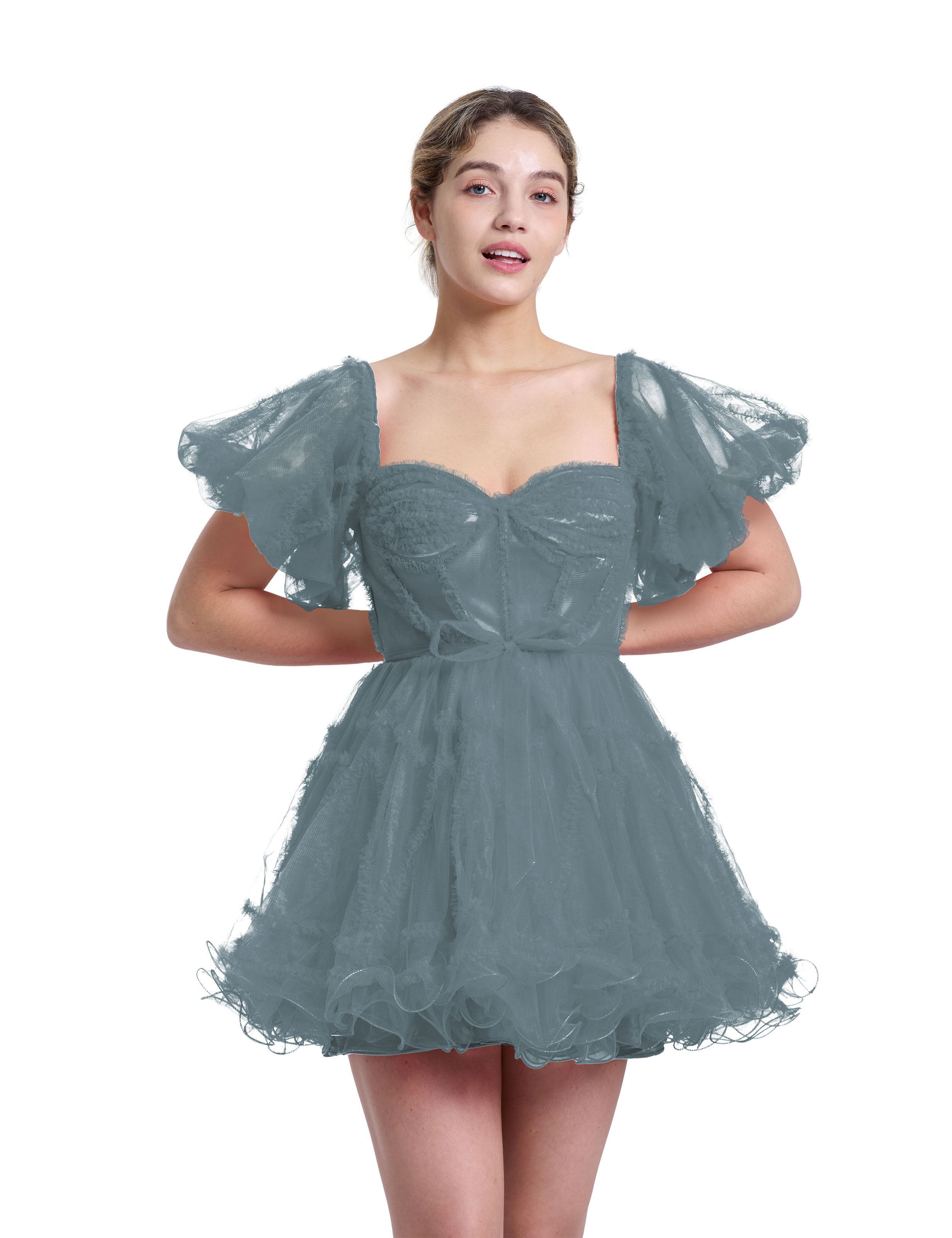 A-line Sweetheart Ruffles Tulle Puffy Sleeves Red Homecoming Dress #HC2401317