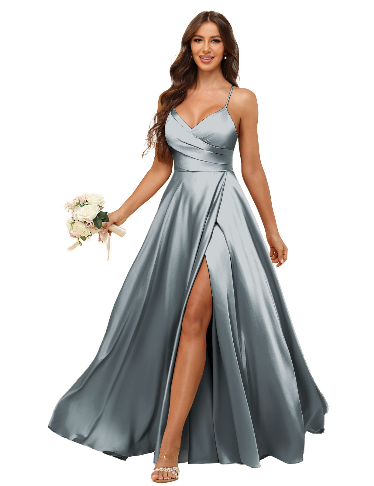 A-line V-neck Spaghetti Straps Satin Silt Bridesmaid Dress #BM2507218