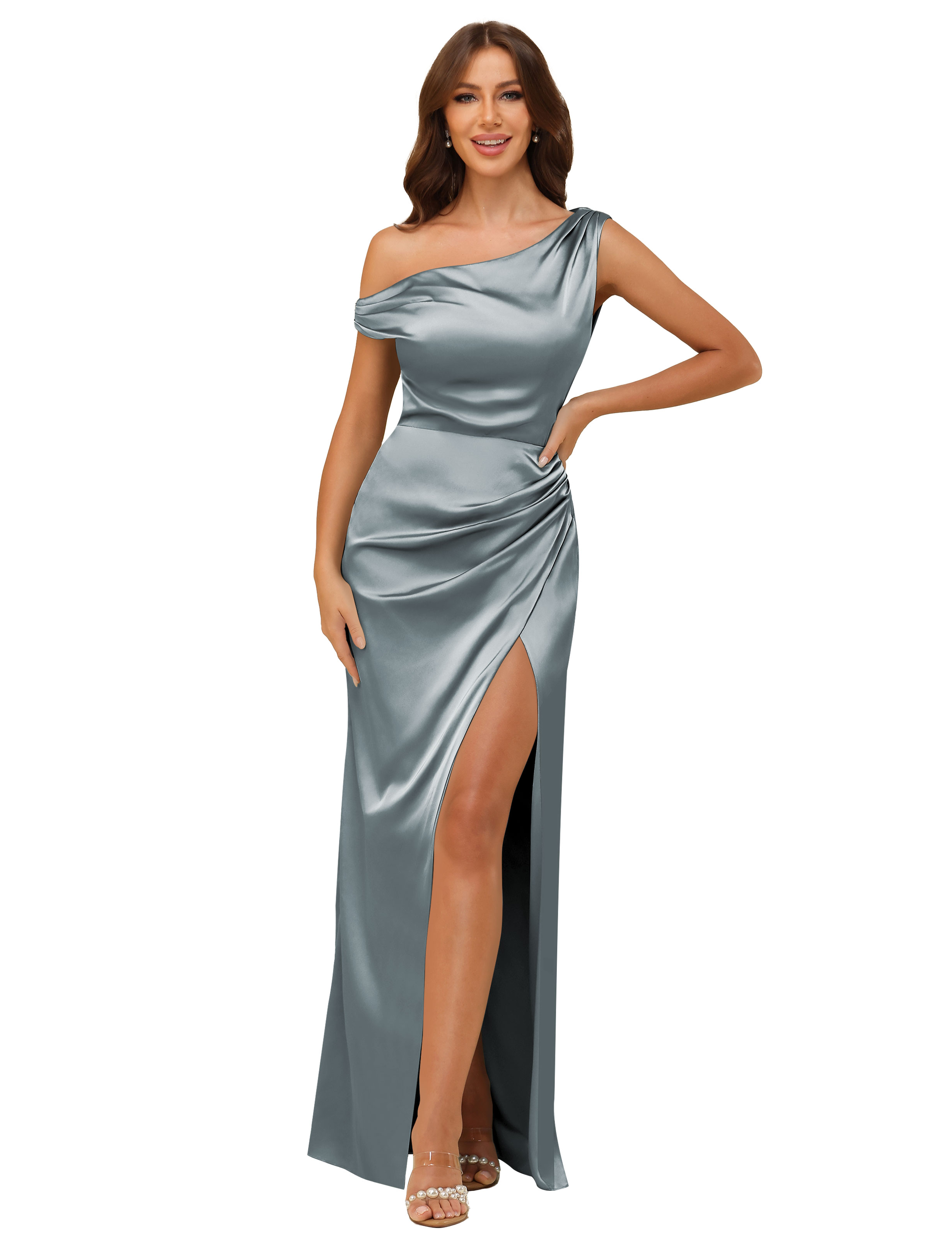 Sheath One Shoulder Satin Silt Side Zip Bridesmaid Dress #BM2507059