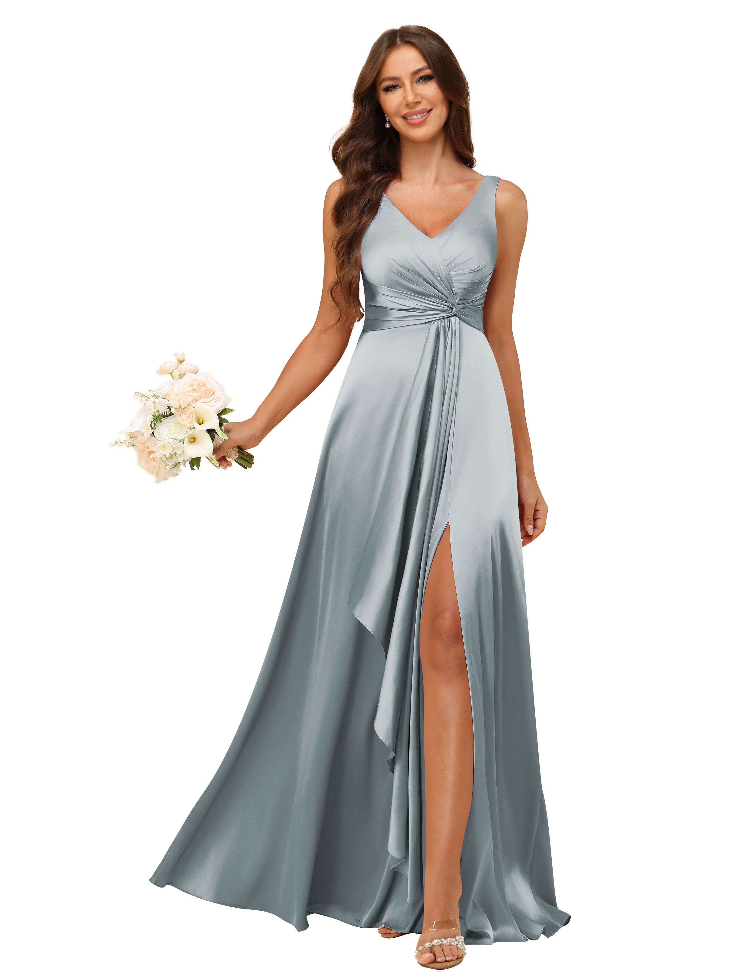 A-line V-neck Straps Satin Silt Lace Up Bridesmaid Dress #BM2507147