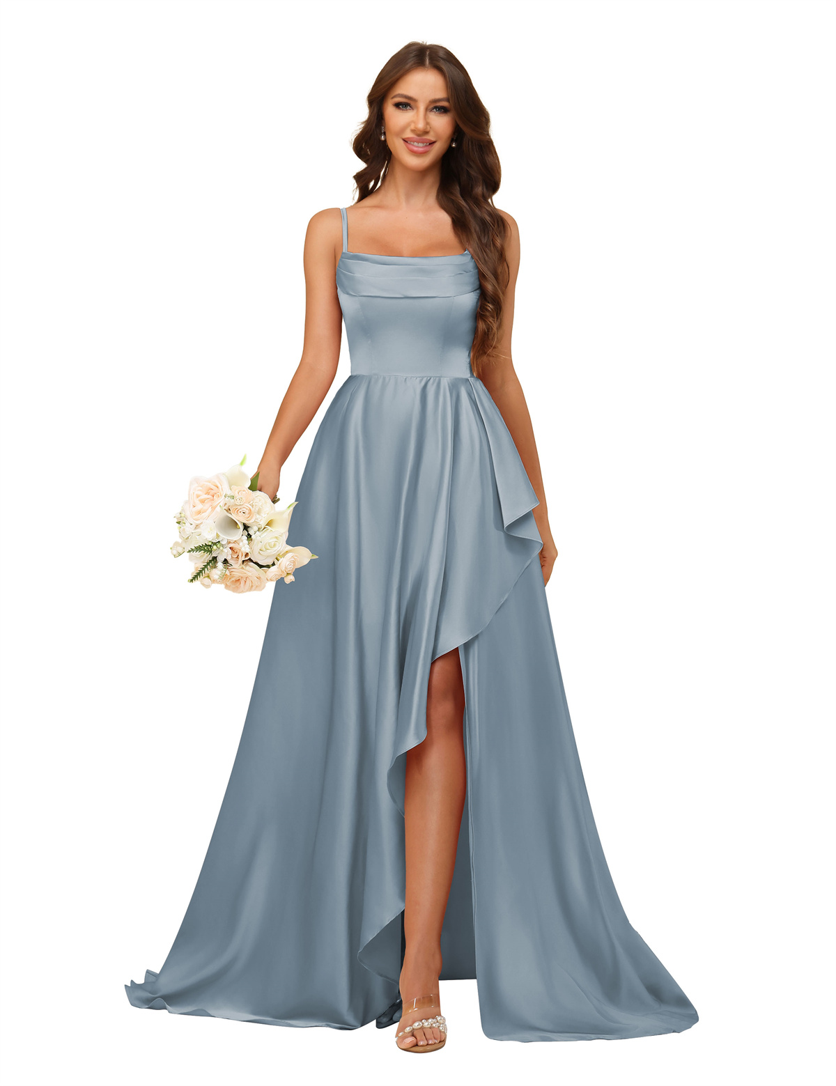 A-line U-neck Spaghetti Straps Satin Silt Bridesmaid Dress #BM2507213