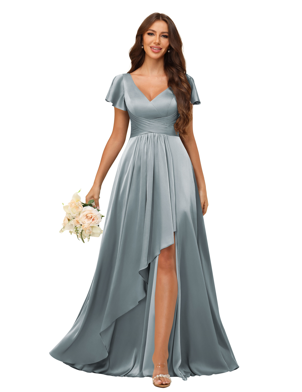 A-line V-neck Short Sleeves Satin Silt Bridesmaid Dress #BM2508022