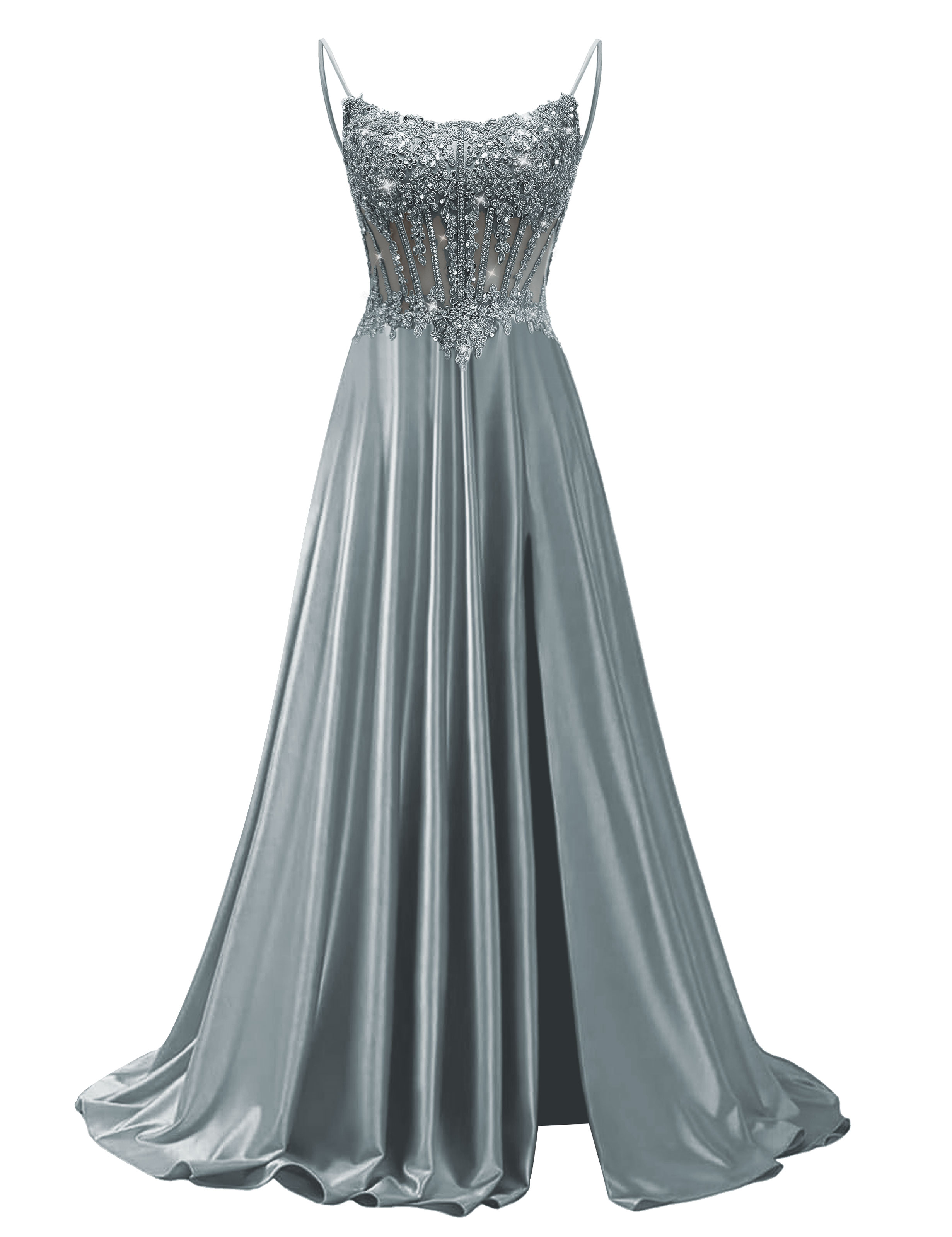 Mermaid Spaghetti Straps Satin Beaded Sequin Pleated Slit Prom Dress #PR2510011