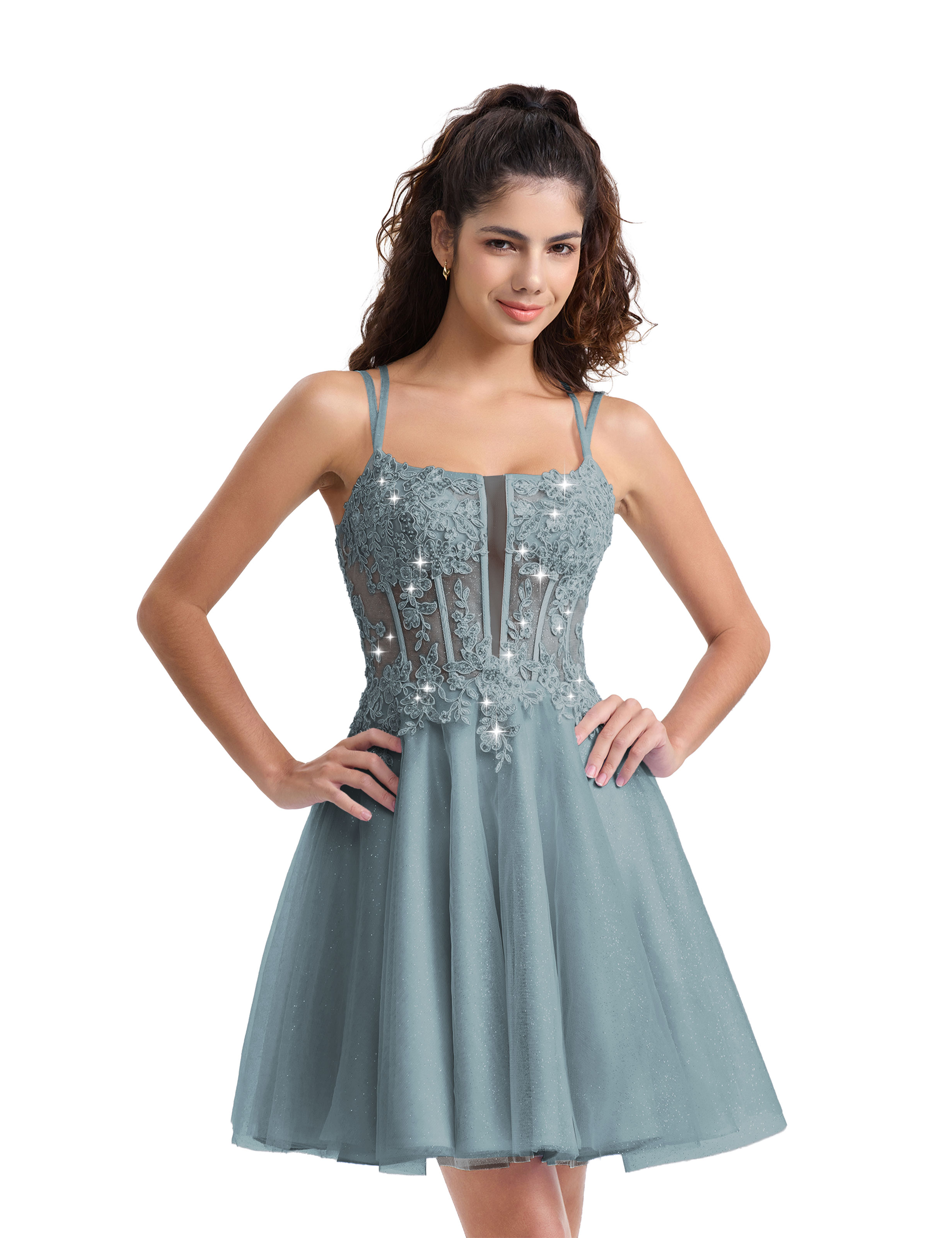 A-line Spaghetti Strap Tulle Lace Appliques Cocktail Homecoming Dress #HC2402129