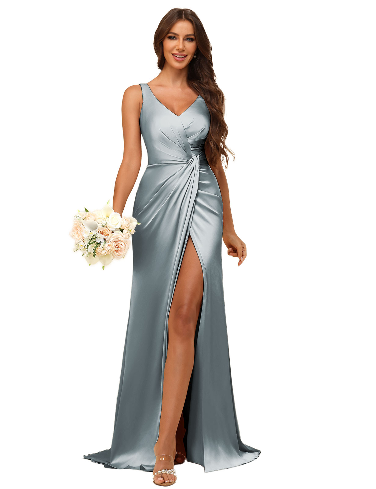Mermaid V-neck Straps Satin Silt Bridesmaid Dress #BM2507144