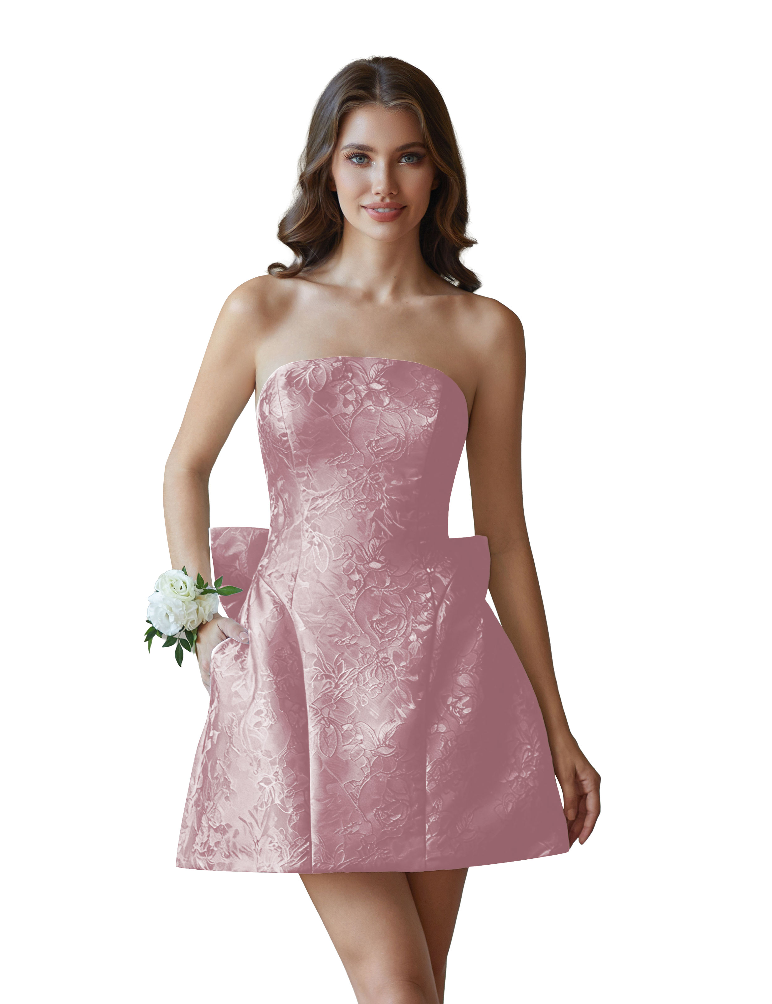 Jacquard Satin Mini Short Party Cocktail Prom Homecoming Dress with Bow Back #HC2401770