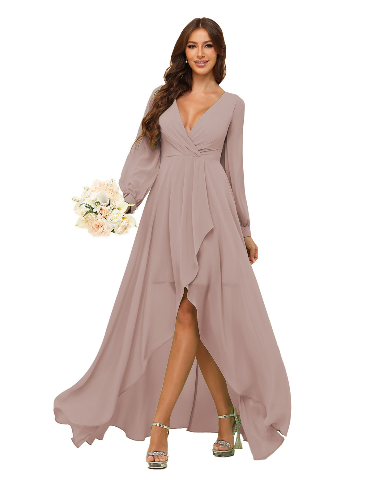 A-line Deep V-neck Chiffon Long Sleeves Bridesmaid Dress #BM2507136