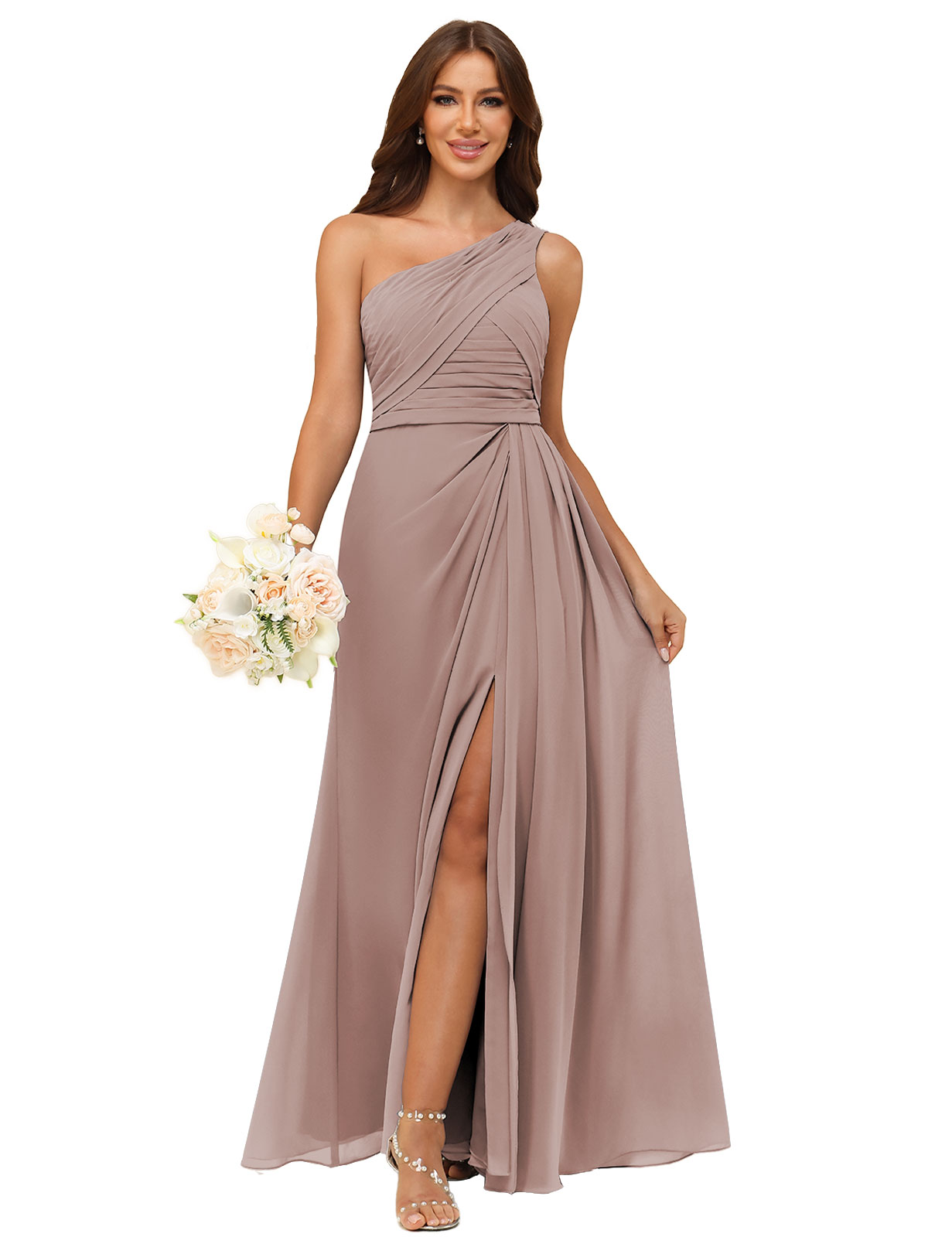 A-line One Shoulder Chiffon Silt Back Zip Bridesmaid Dress #BM2504122