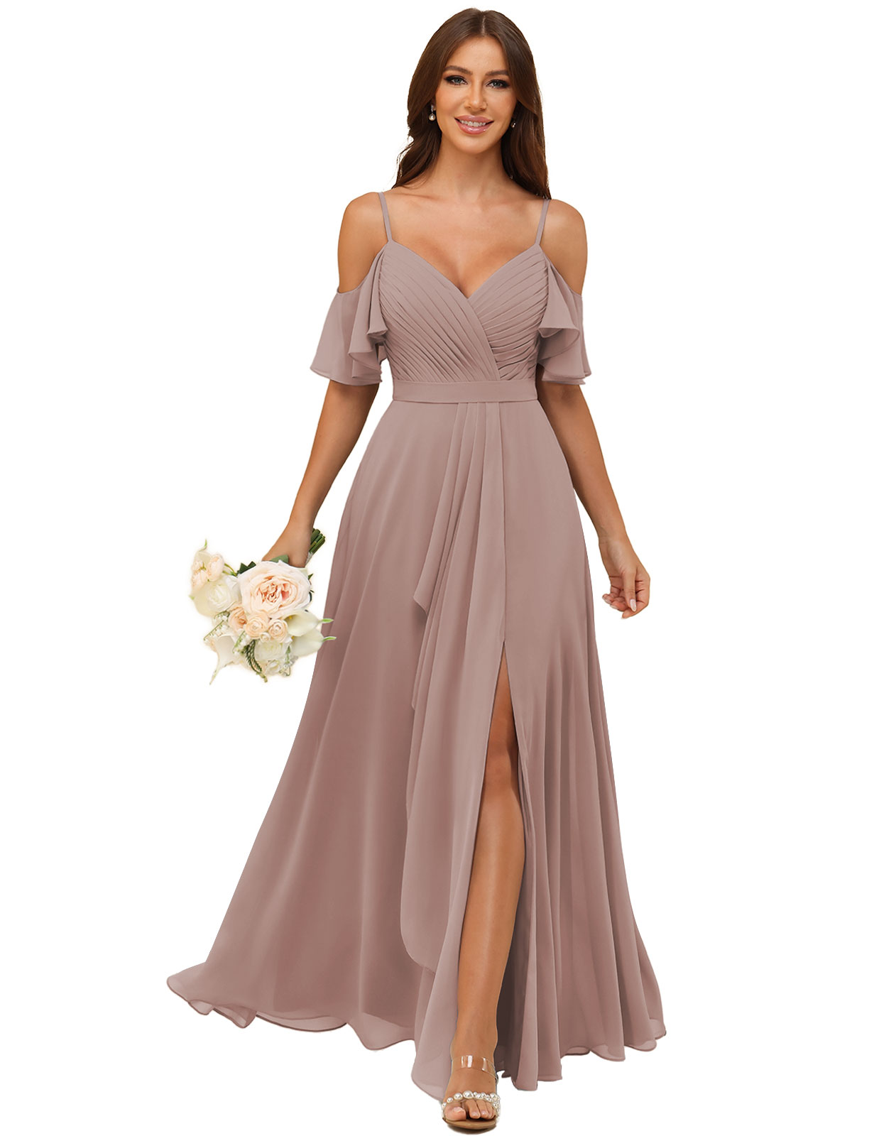 A-line V-neck Spaghetti Straps Chiffon Silt Bridesmaid Dress #BM2507214