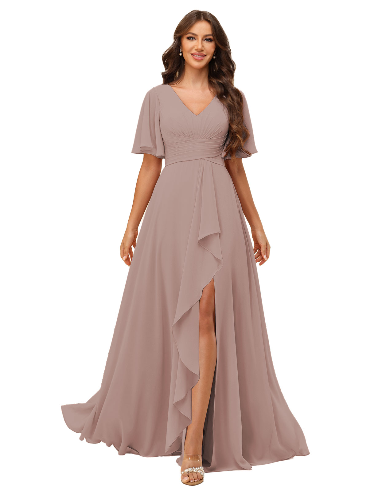 A-line V-neck Short Sleeves Chiffon Silt Bridesmaid Dress #BM2507137