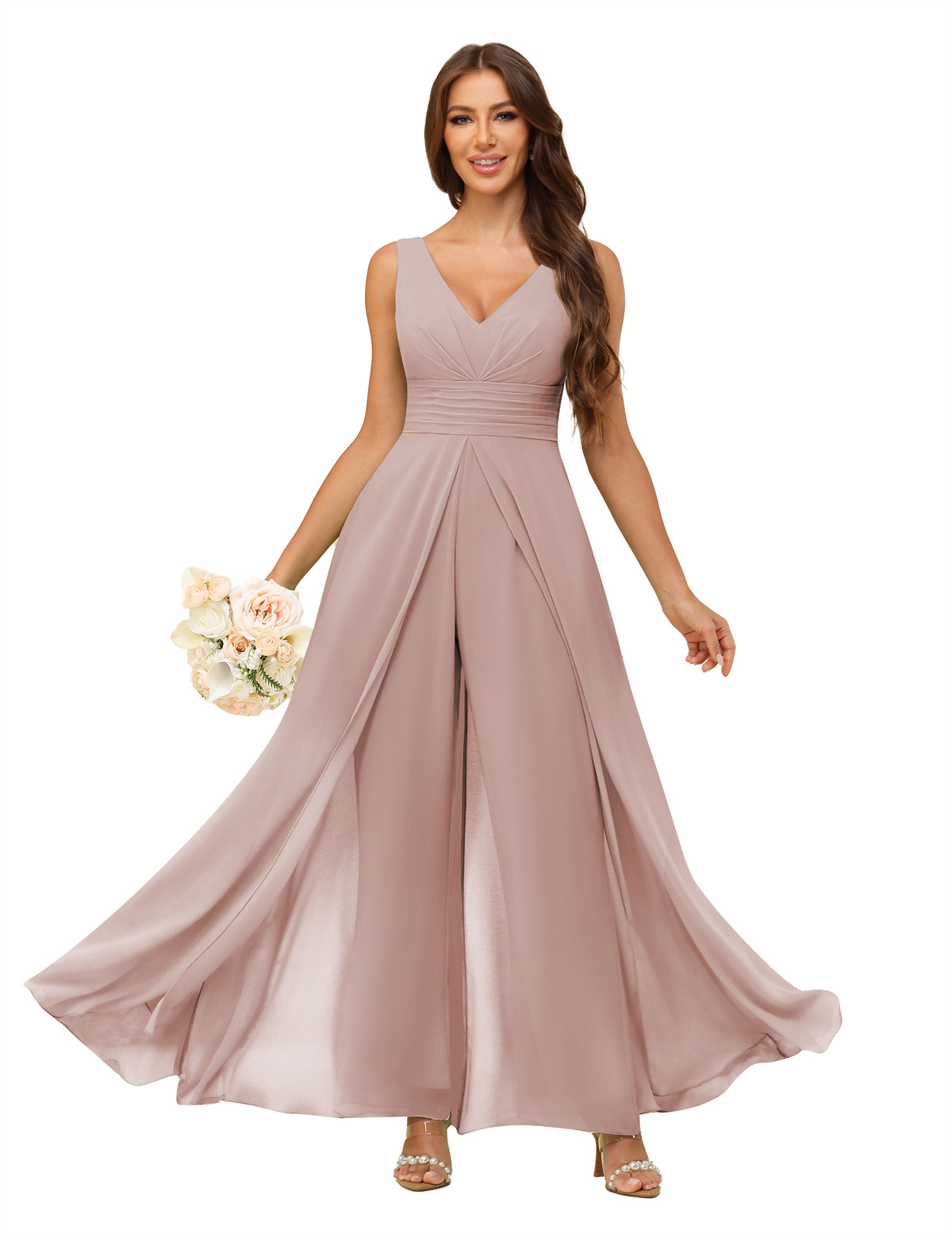 A-line V-neck Chiffon Straps V-back Bridesmaid Dress #PR2507216