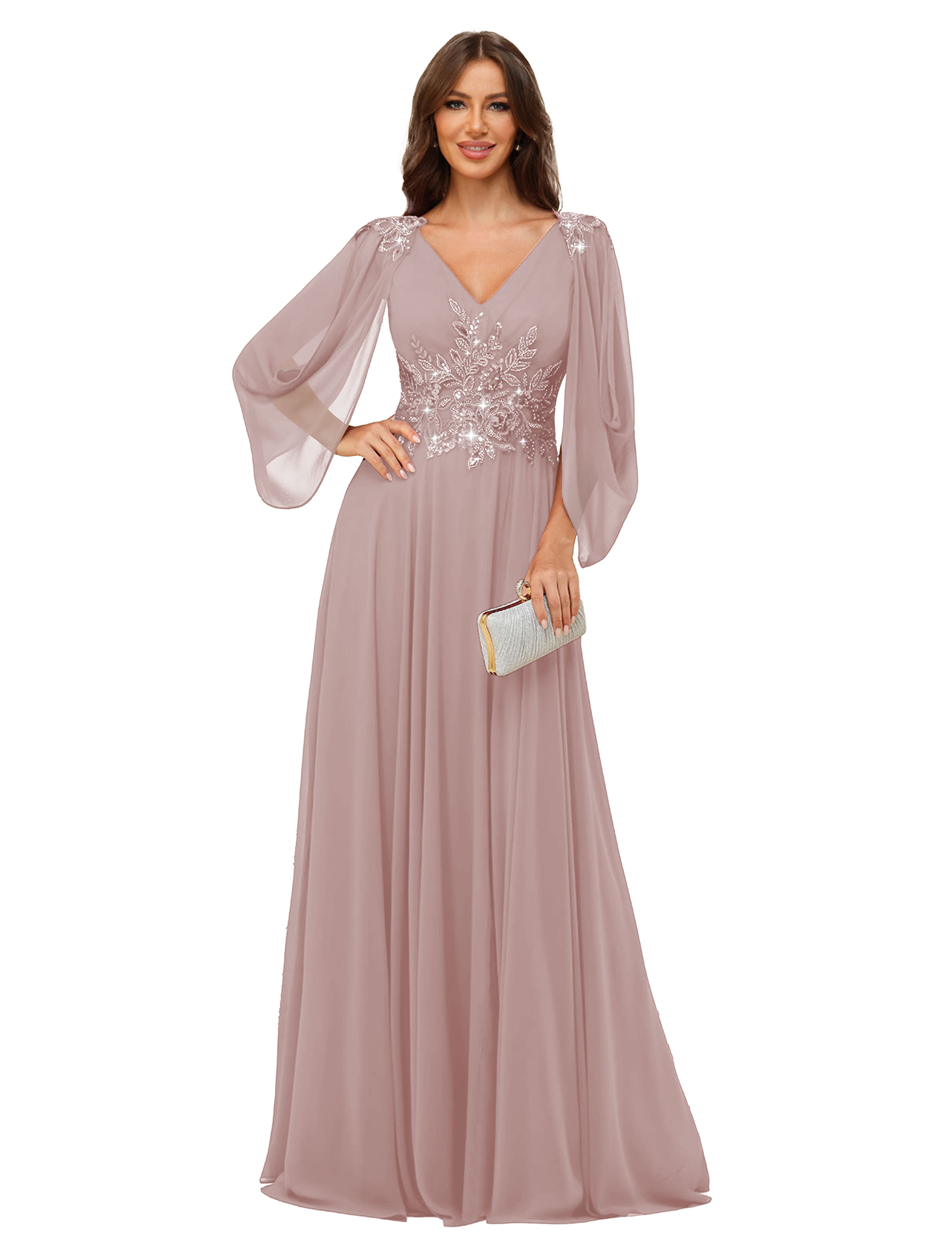 A-line V-neck Chiffon V-back Long Sleeves Mother of The Bride Dress #BM2501034
