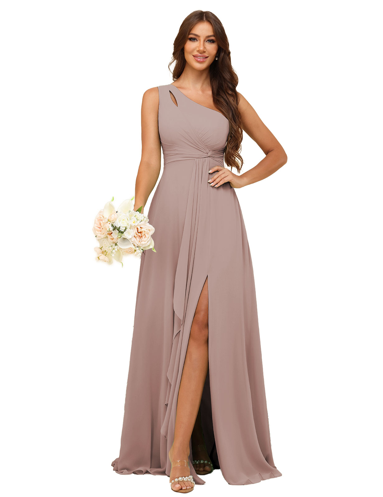 A-line One Shoulder Chiffon Silt Bridesmaid Dress #BM2507131
