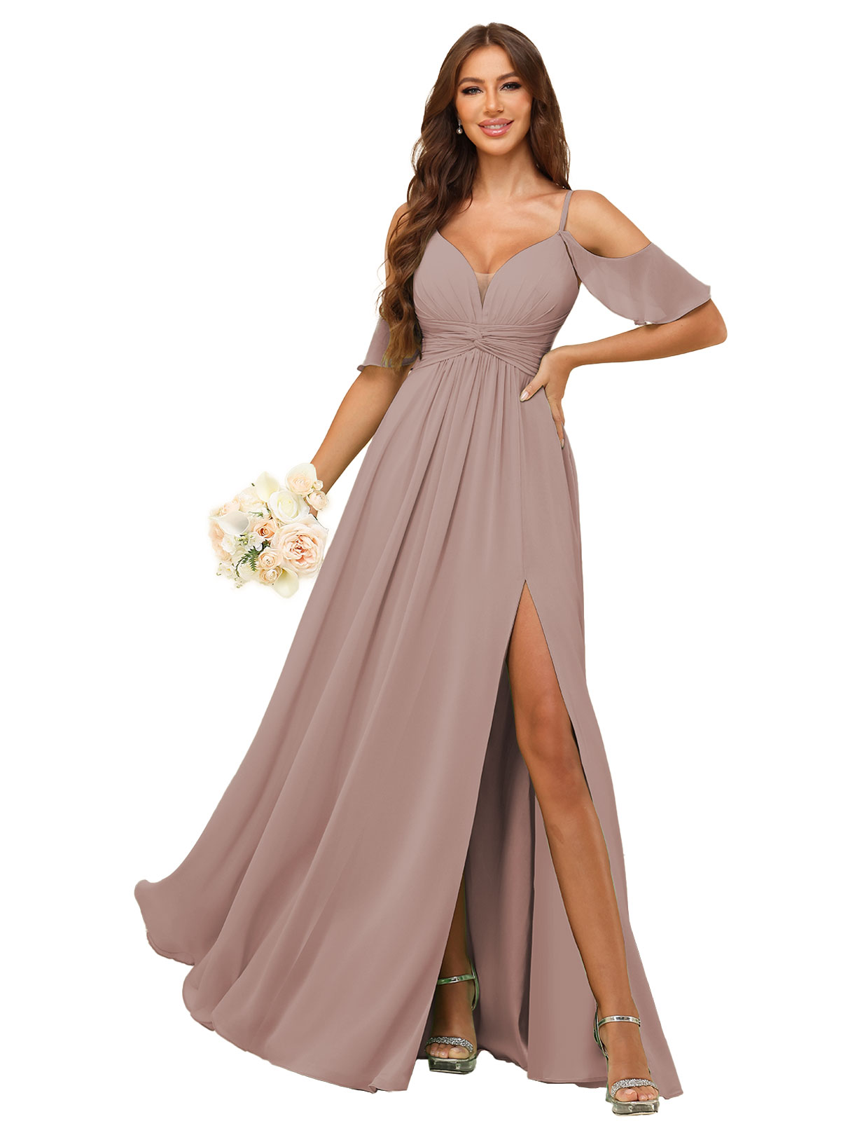 A-line Deep V-neck Spaghetti Straps Chiffon Silt Bridesmaid Dress #BM2507134