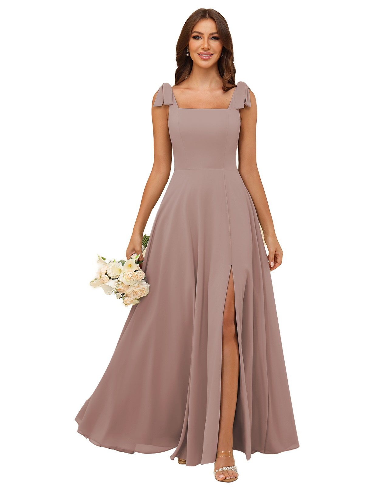 A-line Square Straps Chiffon Silt Bridesmaid Dress #BM2507222