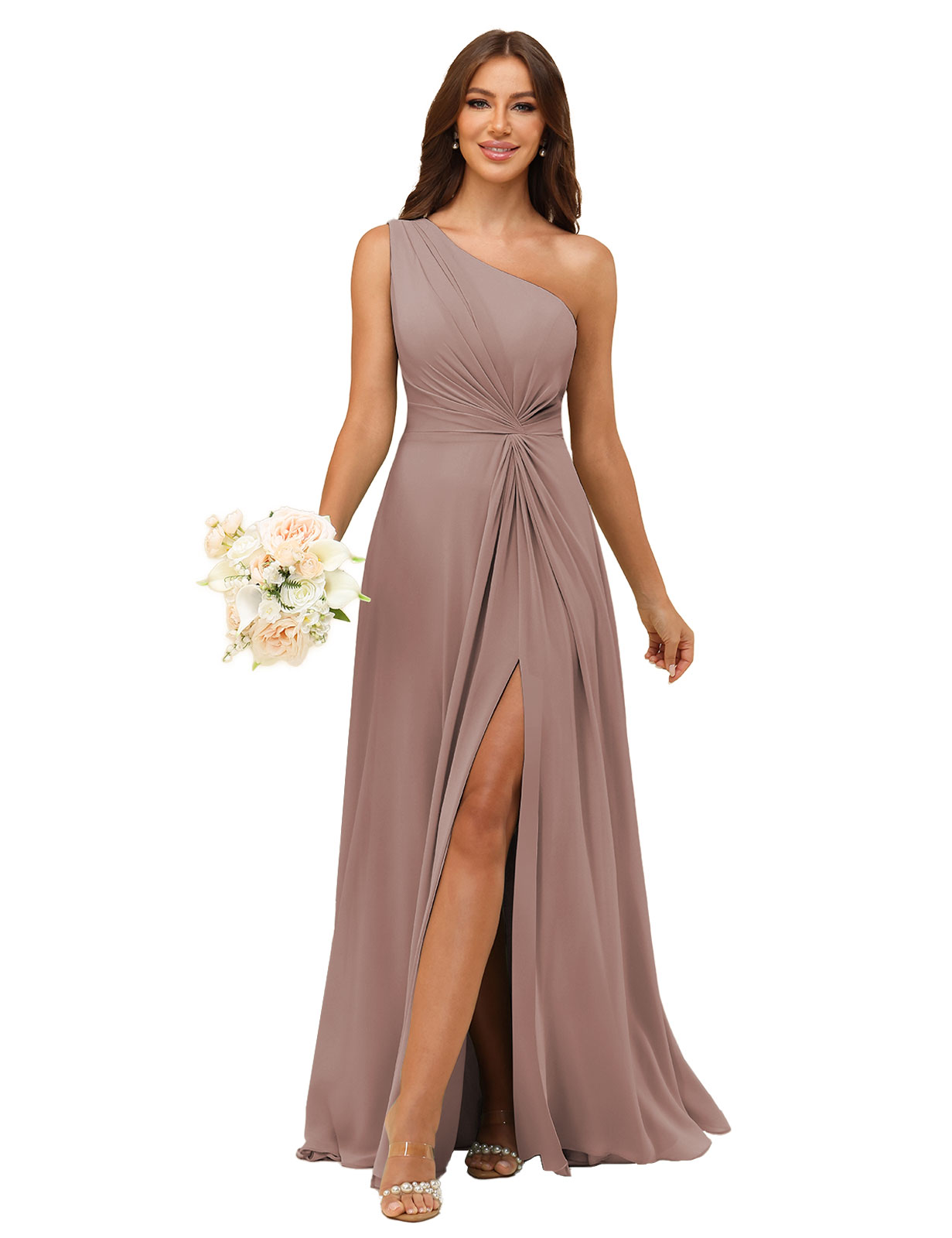 A-line One Shoulder Chiffon Silt Bridesmaid Dress #BM2508033