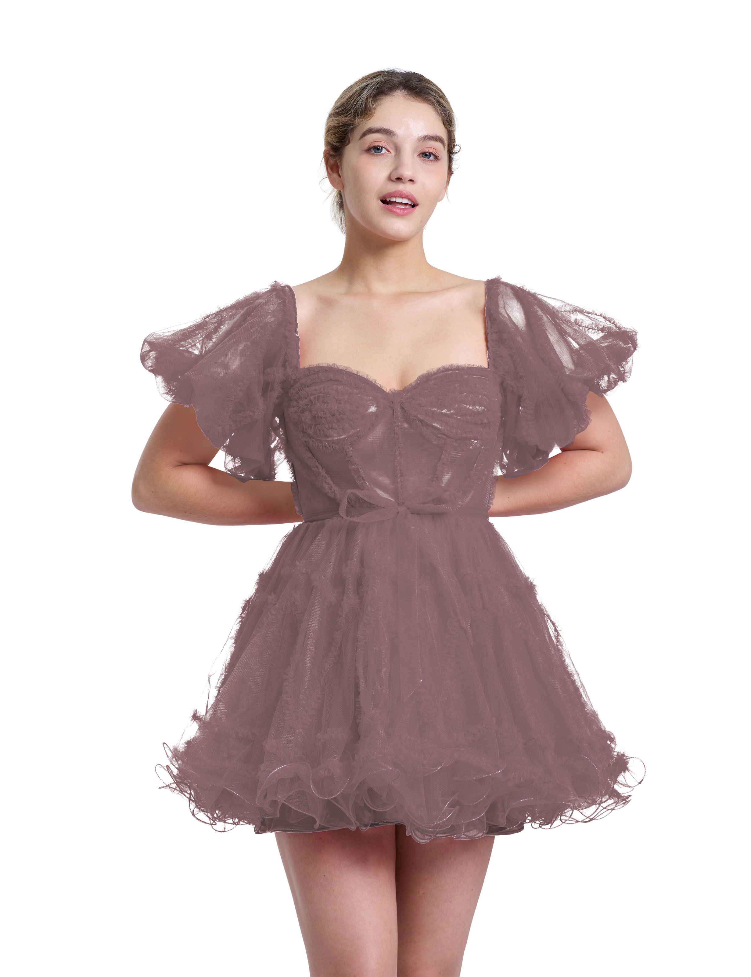 A-line Sweetheart Ruffles Tulle Puffy Sleeves Red Homecoming Dress #HC2401317