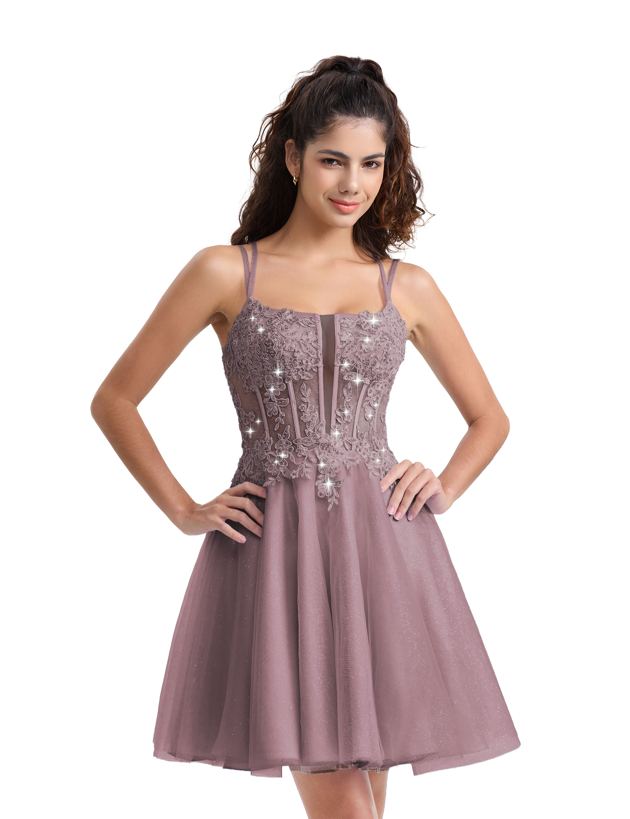 A-line Spaghetti Strap Tulle Lace Appliques Cocktail Homecoming Dress #HC2402129