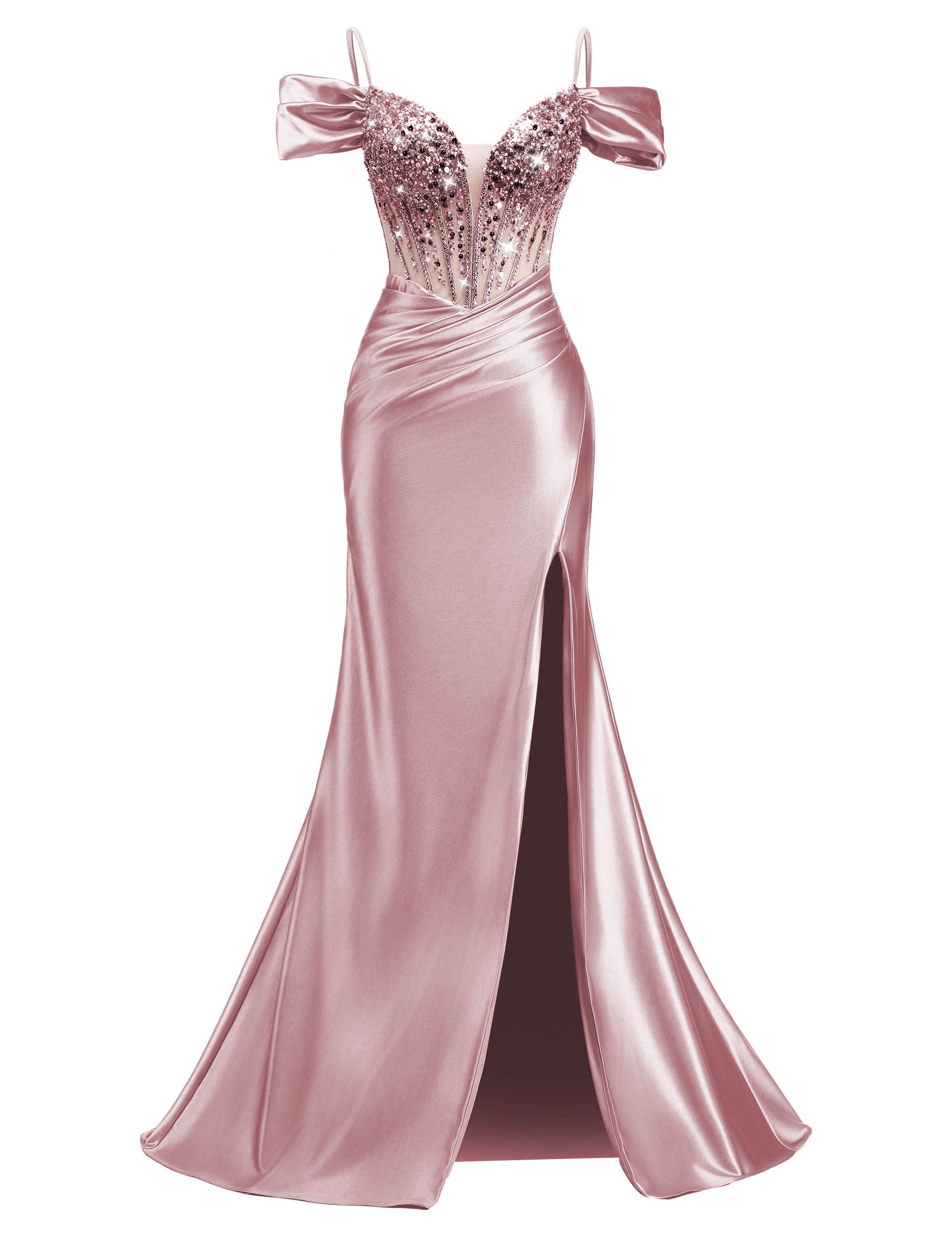 Mermaid V-neck Off Shoulder Beaded Sequin Satin Slit Prom Dress #PR2510014
