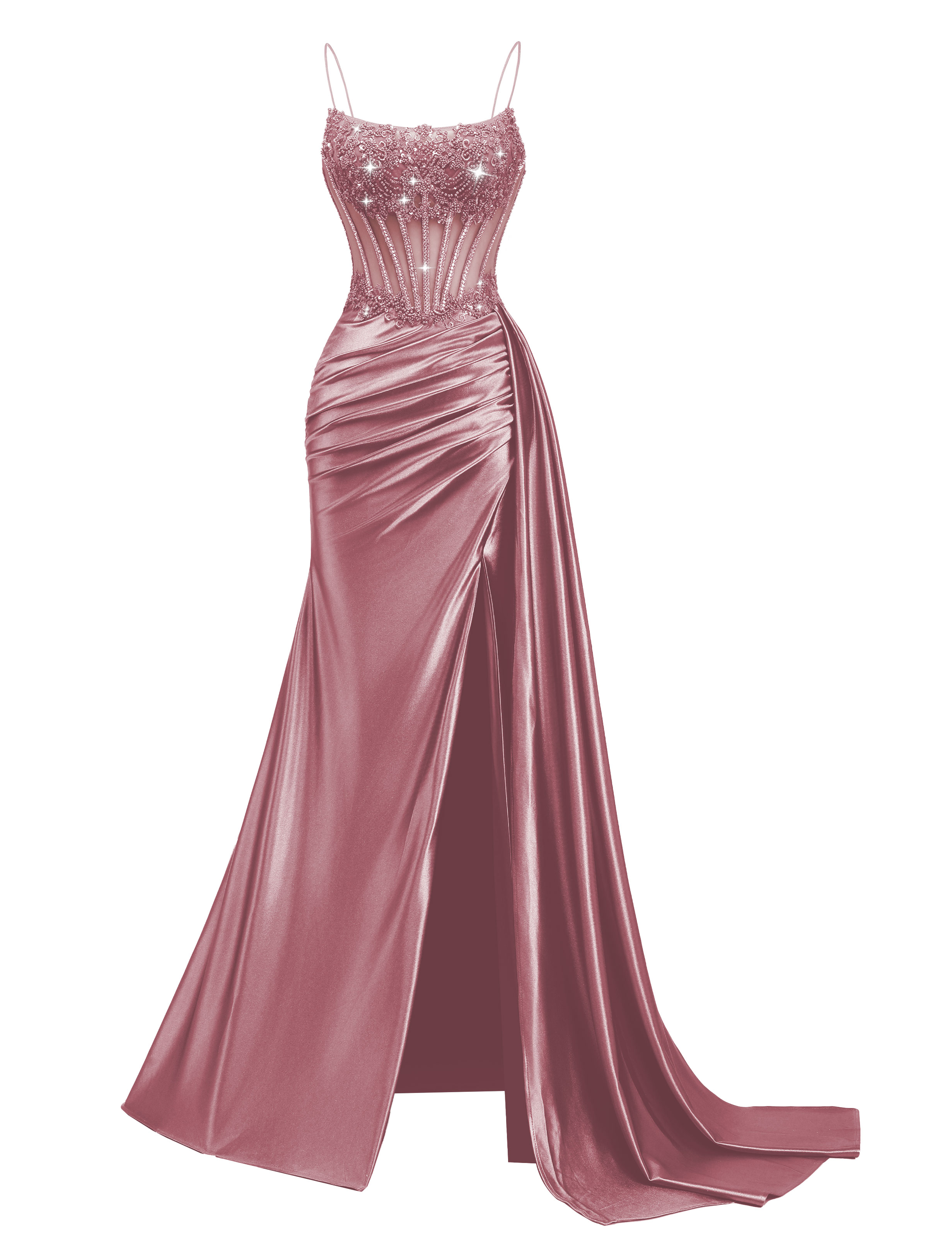 Mermaid Spaghetti Straps Pleated Satin Beaded Slit Prom Dress #PR2510011